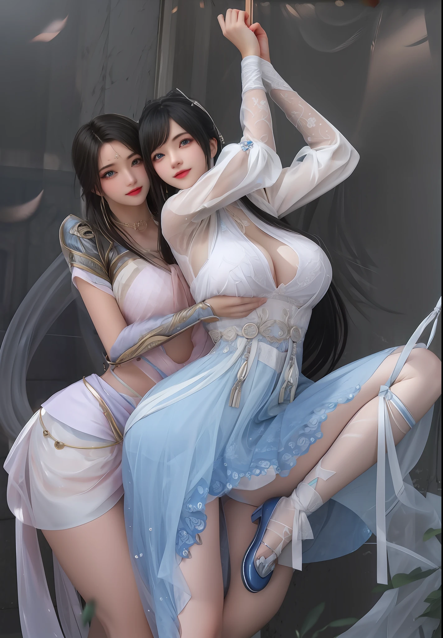 Black color hair,twogirls,Royal Sister,prette,Raised sexy,Cocked buttocks,blue color eyes,Lace,Raised sexy,offcial art,Unity 8k wallpaper,ultra - detailed,Aesthetics,tmasterpiece,best qualtiy,realisticlying,illuminating,Frankness,photore,A high resolution,4K,8K,Bokeh,Photo level