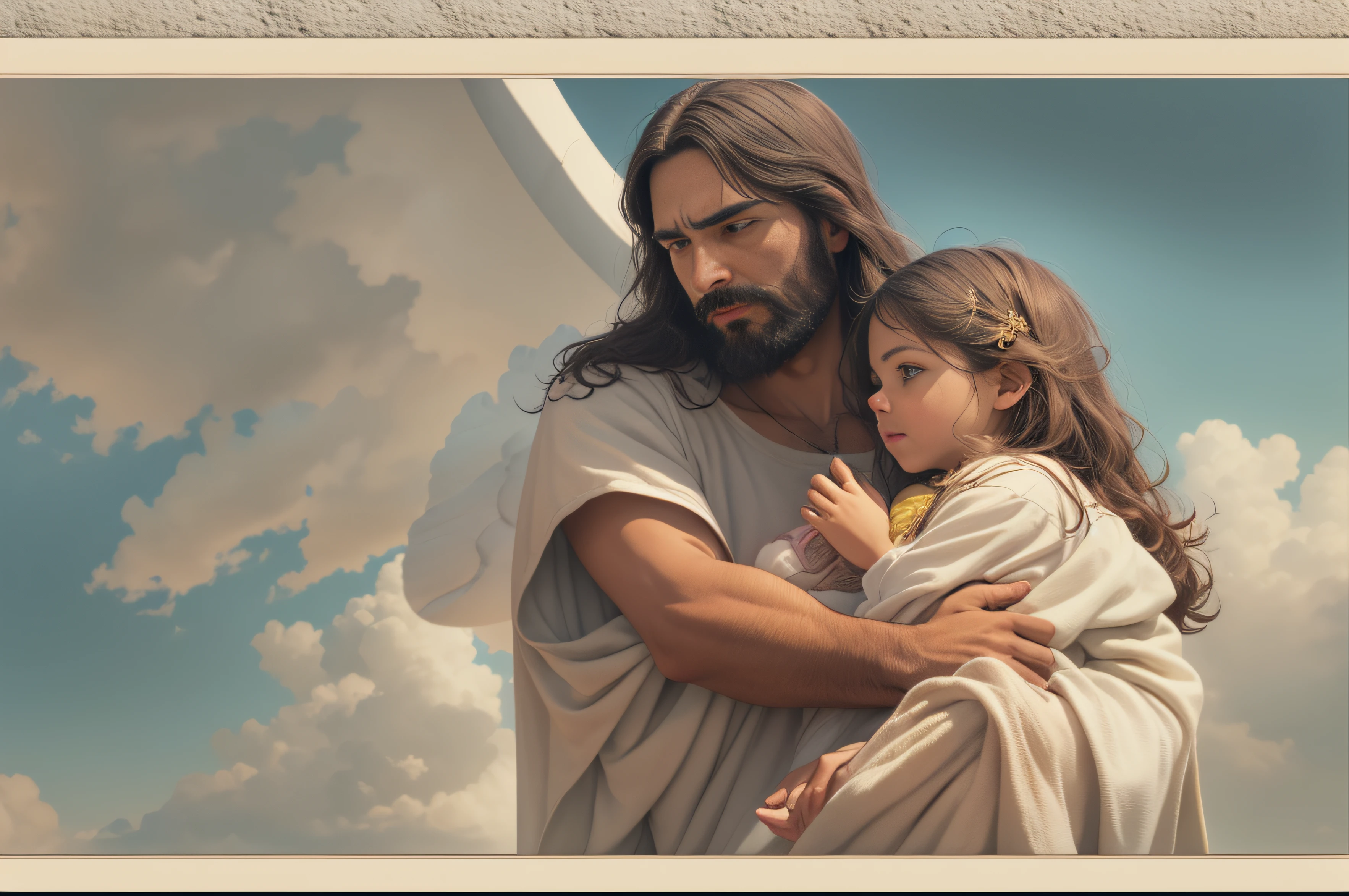 (obra maestra, mejor calidad: 1.2, high resolusion: 1.2), ((Retrato de la parte superior del cuerpo)), jesus of nazareth, con vestimenta antigua, Hugging and comforting an 8-year-old toddler, pobre, solo ellos en la escena, with his angels in a blue sky with clouds as he returns to the photorealistic earth ,AbsentaPunkAI