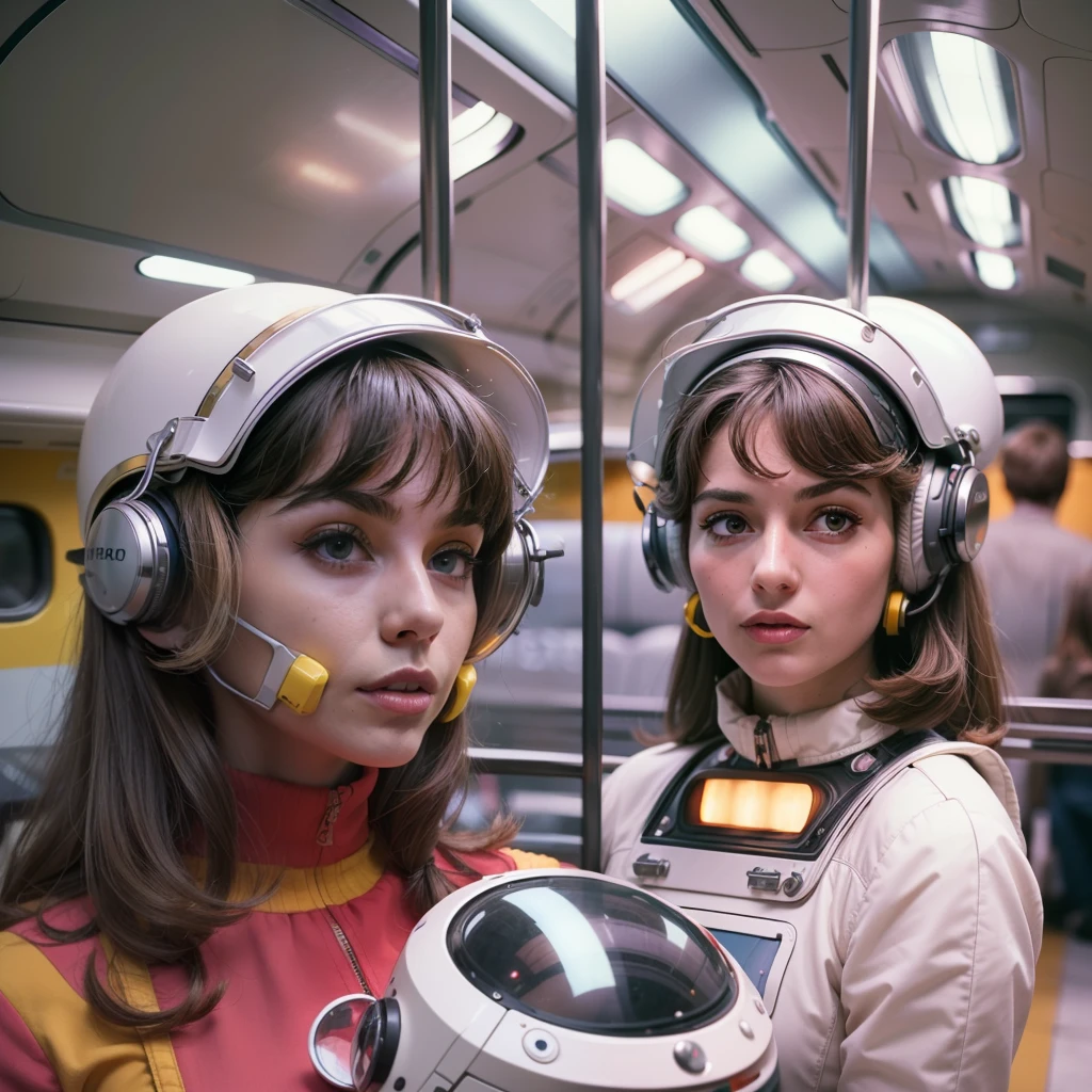 4k image from a 1960s science fiction film by Wes Anderson, Filme O Grande Hotel Budapeste, pastels colors, Young people wearing retrofuturistic alien glasses and holding colorful suitcases and chests on the bus, Retro-futuristic fashion clothes from the 60s with old robots, Luz Natural, Psicodelia, futurista estranho, retro-futurista, photo-realistic, Sharp background details.