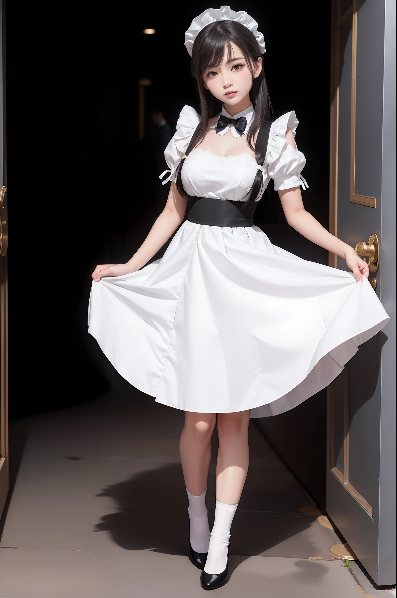 超A high resolution, Super High Detail, depth of fields, maid, Curtsey-style greeting, to stand, At the entrance, Perfect Anatomy, Silk white ankle length socks, Black pumps