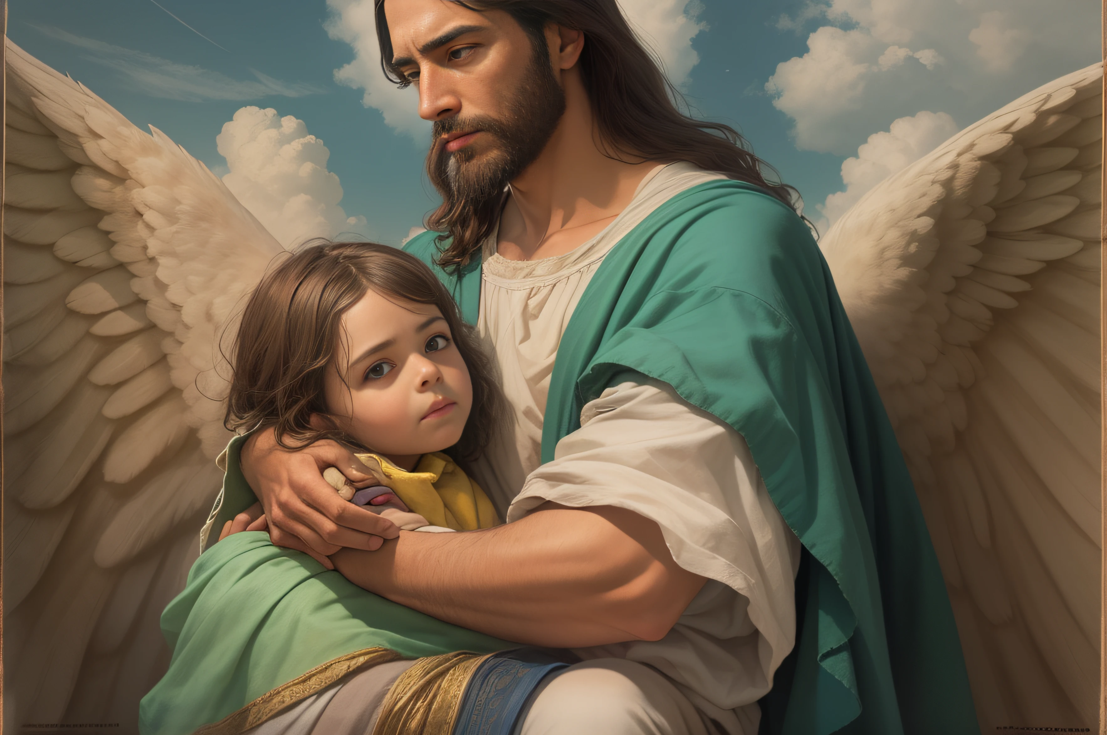 (obra maestra, mejor calidad: 1.2, high resolusion: 1.2), ((Retrato de la parte superior del cuerpo)), jesus of nazareth, con vestimenta antigua, Hugging and comforting an 8-year-old toddler, pobre, solo ellos en la escena, with his angels in a blue sky with clouds as he returns to the photorealistic earth ,AbsentaPunkAI