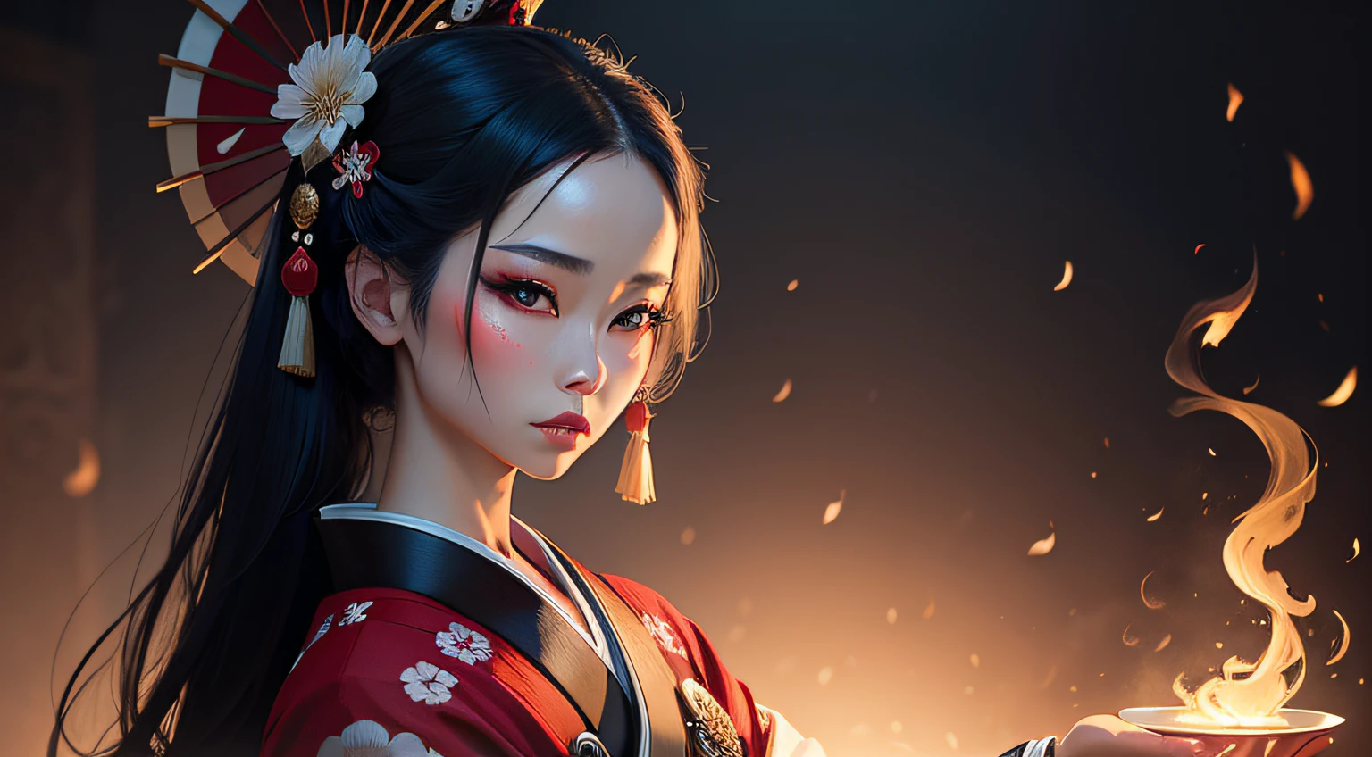 Beautiful geisha woman with a human skull in her hands