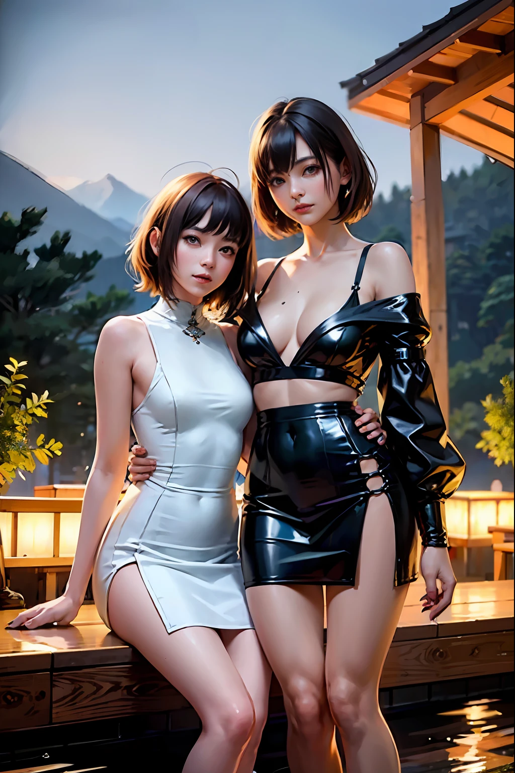 (Masterpiece:1.2),(Photorealsitic:1.5),2girls, duo,Silk,Satin,Skirt,Onsen,