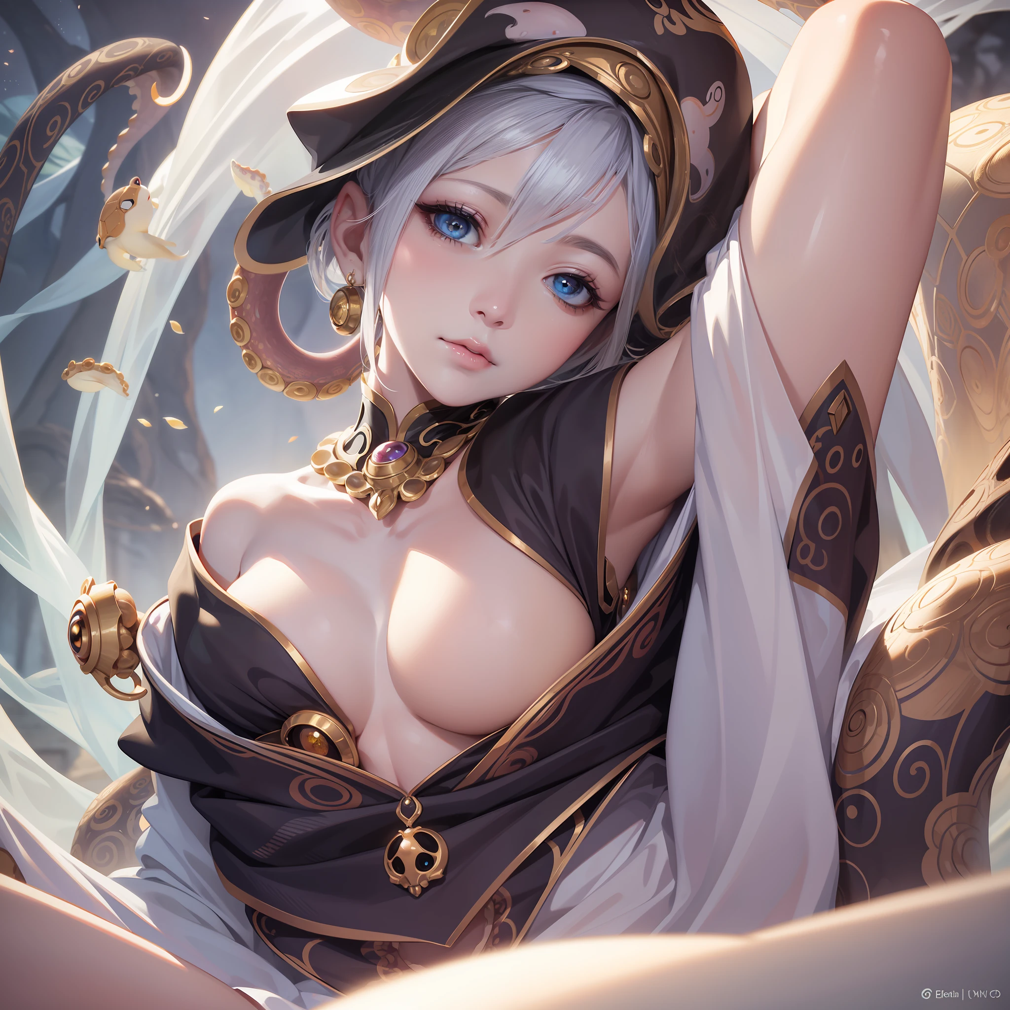 Octopus Lady,Masterpiece-level delicate eyes,Depth of field in natural light,Film grain 8K best quality detail,Beautiful eyes and face,The pupils glow,Fusion。anthropomorphic turtle