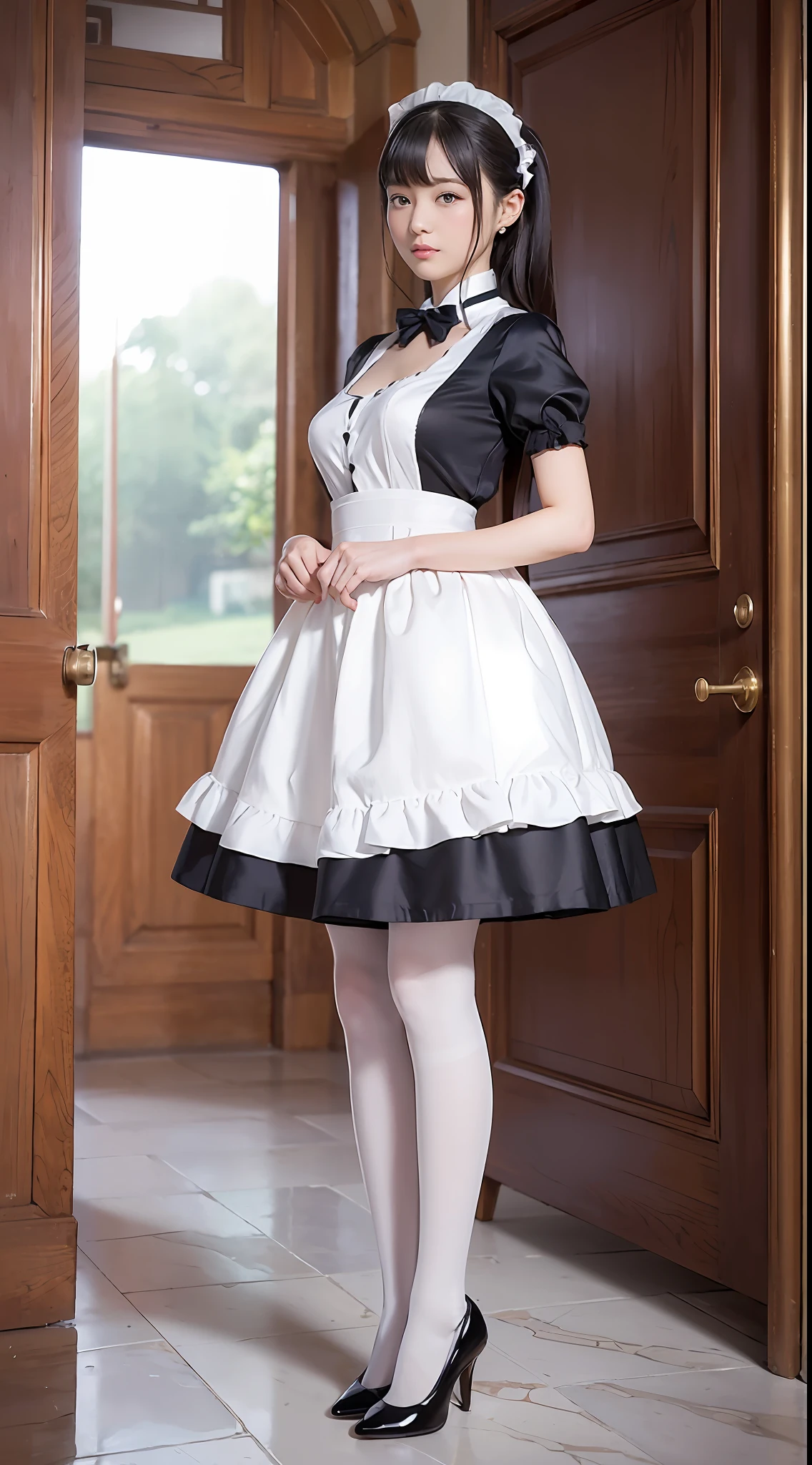 超A high resolution, Super High Detail, depth of fields, maid, Curtsey-style greeting, to stand, At the entrance, Perfect Anatomy, Silk white ankle length socks, Black pumps
