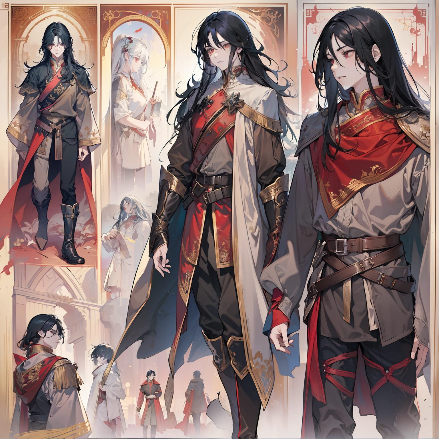 1 boy, solo, black hair, straight hair, flowing straight hair, red eyes, shirt, high boots, Lightweight clothing, medieval theme, looking at viewer, fantasy art, beautiful painting, guwaika style, epic exquisite character art, stunning characters, man, lean (reference sheet:1.5)