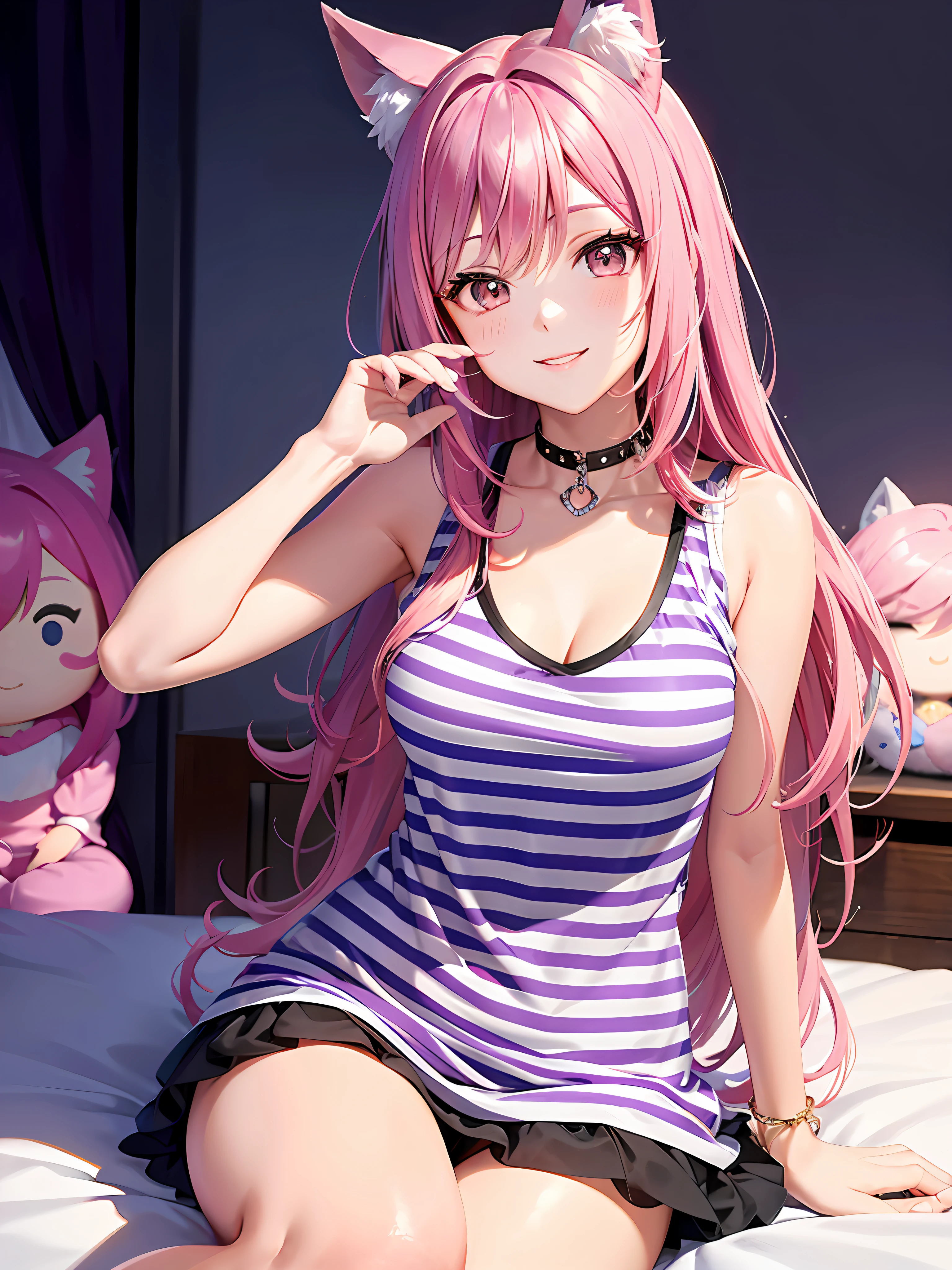 Close up, upper body, 1 girl, smile, wolf ears, wolf tail, pink eyes, hair between eyes, split color hair: 5, ((((Colorful hair color: 1)))), ((((Random hair color: 1)))), Colorful hairstyle: 5, Striped hair, Long hair, hair end jewels, (Cute random character tank top: 5 to 5 random panty figures: 15), JewelryAI super luxurious bedroom and cute interior: 5, (on the bed: 15), sit in, embarrassingly look at the viewer and laugh, blush, night landscape,