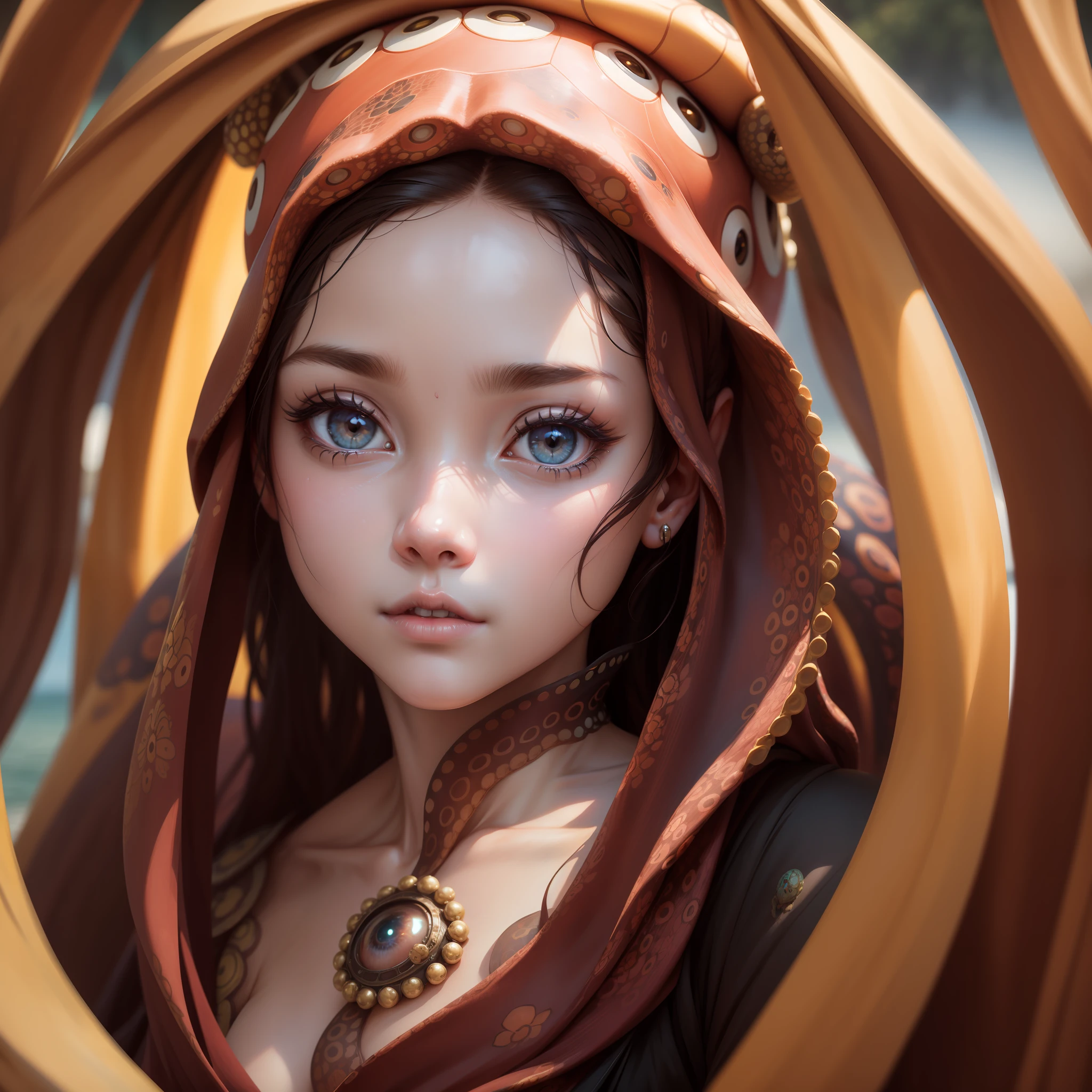 Octopus Lady,Masterpiece-level delicate eyes,Depth of field in natural light,Film grain 8K best quality detail,Beautiful eyes and face,The pupils glow,Fusion。anthropomorphic turtle