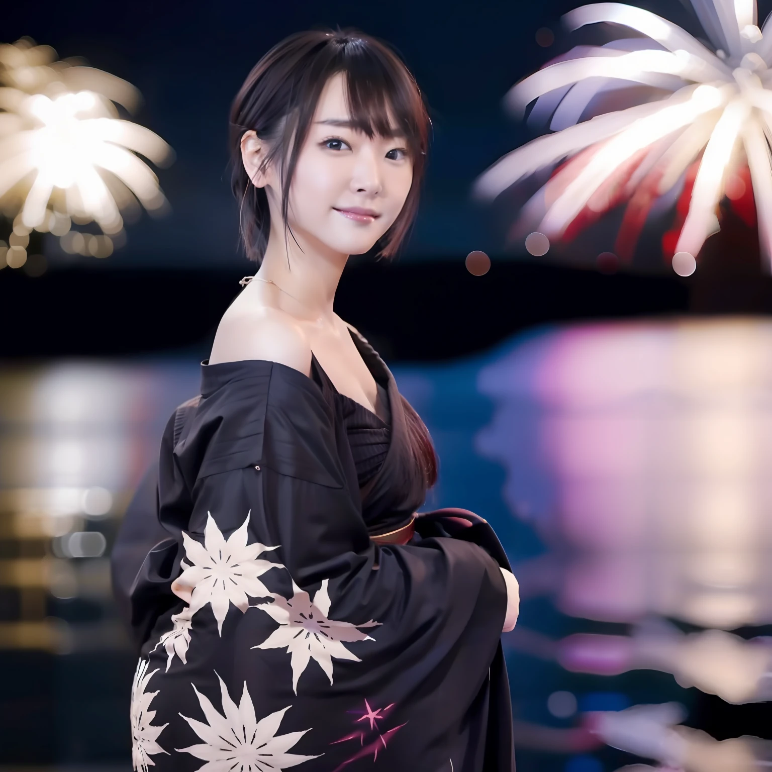Fireworks display at sea, Wearing a black yukata、Sexy woman not wearing underwear with legs spread, Blonde Shorthair，Gorgeous 20 year old Japan woman, sexy look at the camera, Good Young H Cup Bust Girl