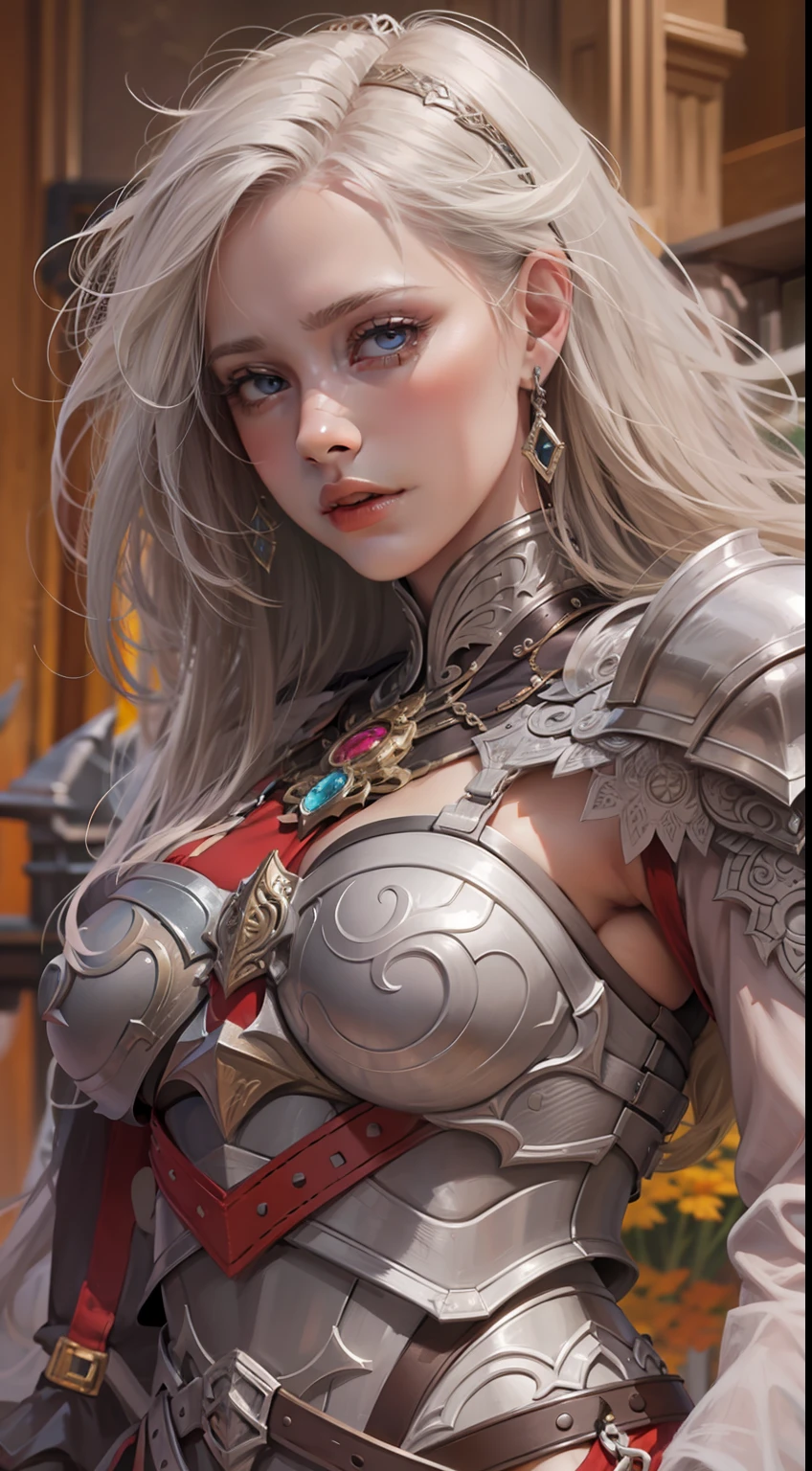 Beautiful woman in insanely intricate Aasimar Paladin Outfit