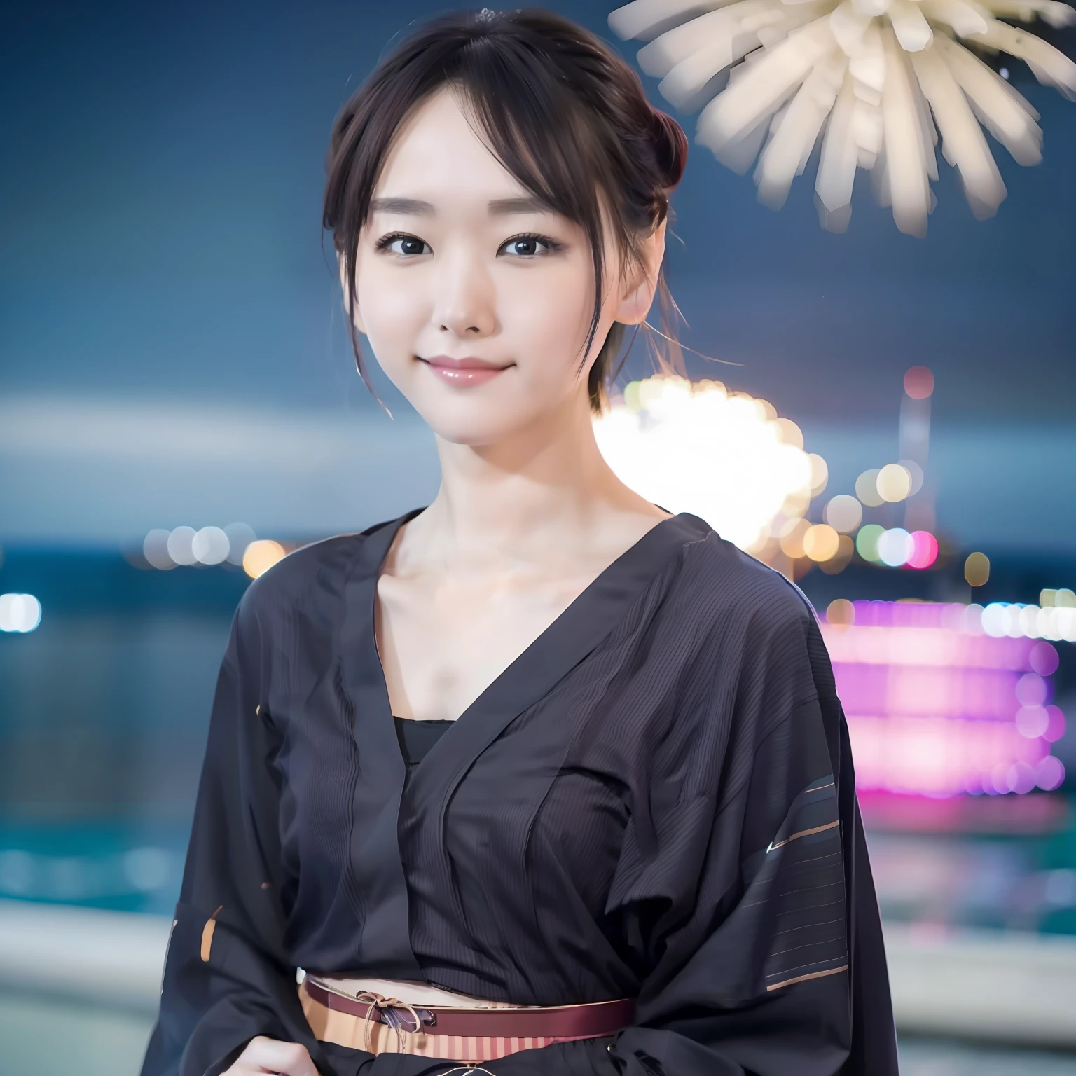 Fireworks display at sea, Wearing a black yukata、Sexy woman not wearing underwear with legs spread, Blonde Shorthair,Gorgeous 20 year old Japan woman, sexy look at the camera, Good Young H Cup Bust Girl