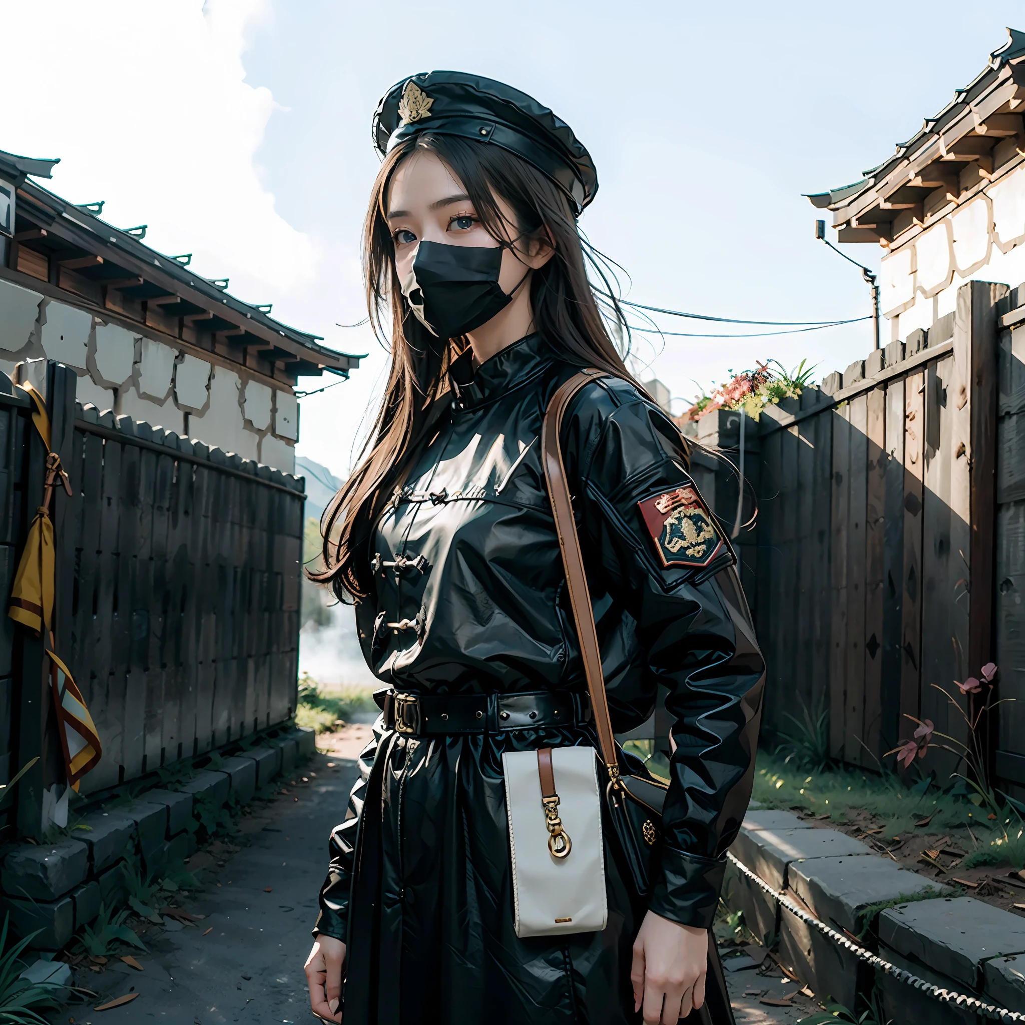 in a panoramic view,photorealestic,Modern style,Blue sky,,Great Wall military base,3girl,Wear camouflage Chinese modern military uniform,Wearing black leather high-tech Chinese body armor,A large number of electronic devices,Wearing a black berets,All-inclusive black mask,Wear a Chinese sabre,Carry a pistol,Carry an automatic rifle,Stand in front of the Great Wall,Sharp eyes,professinal,Meistwick,commissioned,best qualtiy,color corrected,After fixation,Retouching,Improvement,Epic,Tone-mapping,the detail, highly detailed, digitial painting, art stations, Conceptual map of the long dam, Smoothness, Sharp focus, Beautiful illustration, photore, The light from the back window is backlighted, 动态照明, Mist, 复杂, cinematic grain, professinal, face to the viewer,(Beautiful m3d_woman, Perfect M3D_face,), Volumetriclighting, subsurfacescattering, Good highlights, Good shadows, cinematic ligh