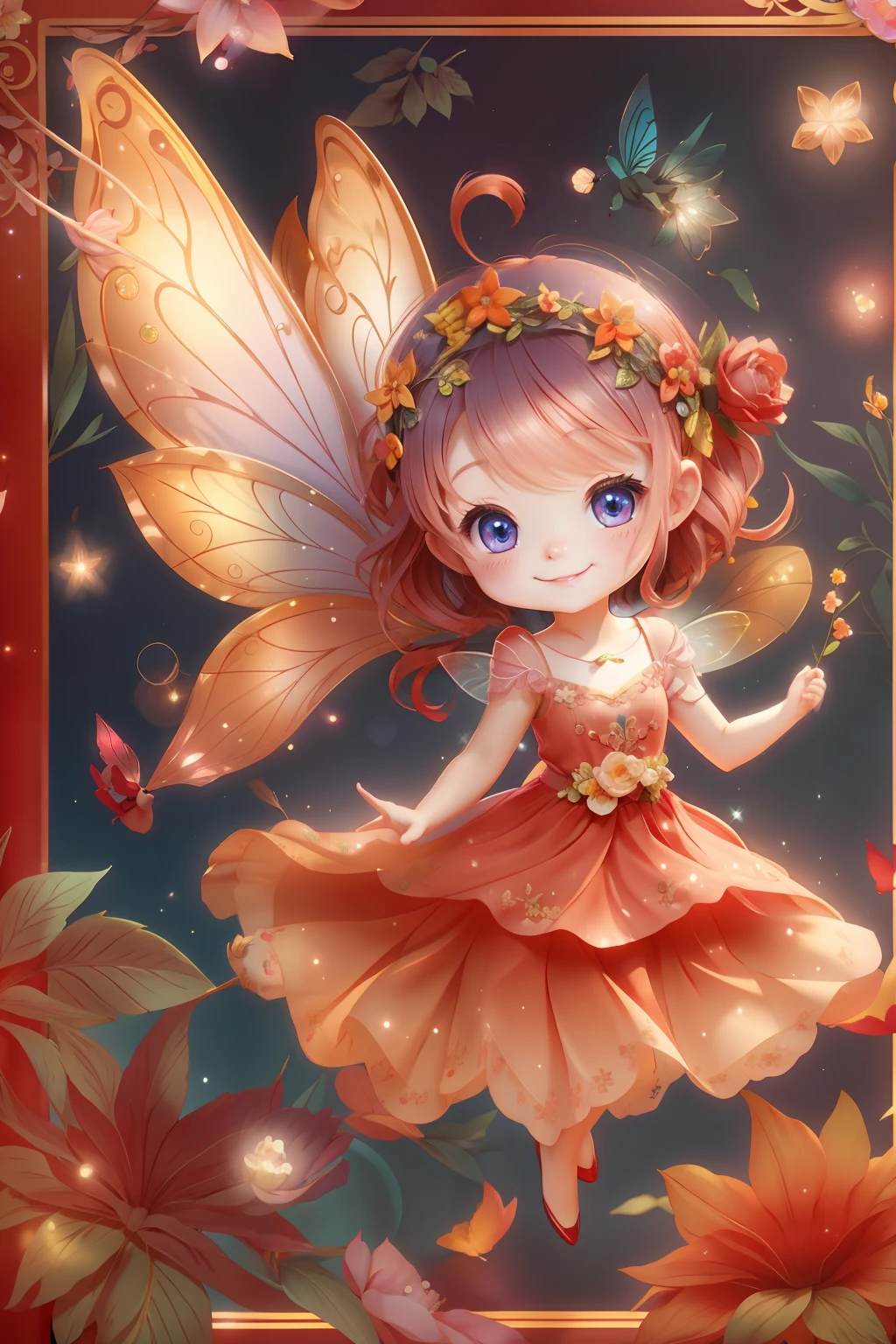 Cute fairy with a sense of transparency、Bright smile、Have fun playing、Beautiful background、Bright background、Red background