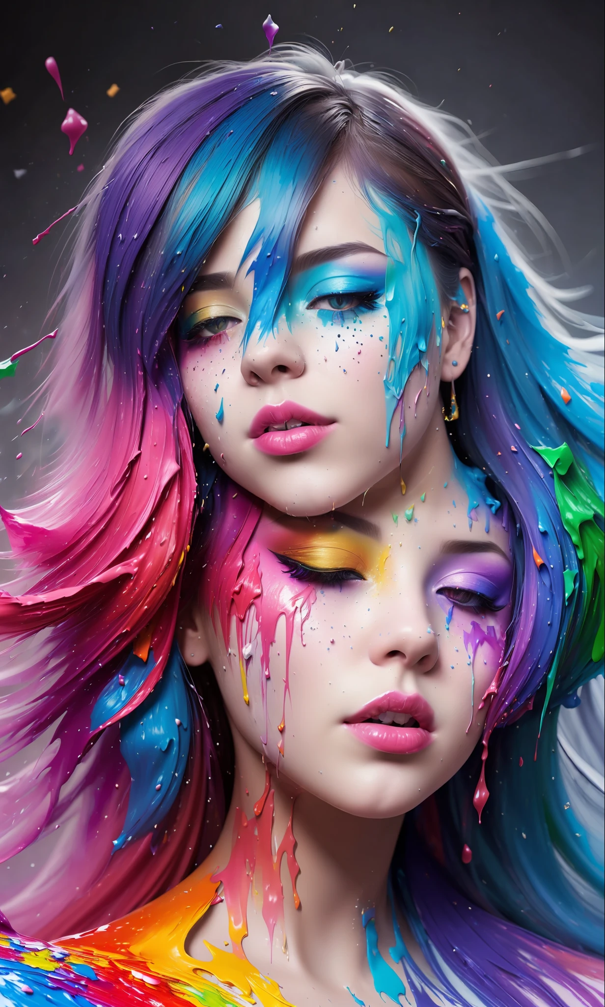 (level difference:1.8),(Paint colliding and splashing on the canvas),(depth of field),1girl's side face blends into it,((side face)),open mouth,(liquid paint rainbow hair:1.1) made of paint and defies gravity,thick flowing,(paint splatter:1.3),Liquid state,stunningly beautiful, masterpiece, detailed background,ultra high quality model, ethereal background,abstract beauty, explosive volumetric, oil painting,heavy strokes,Romantic lighting,Sub-Surface Scatterring,lens 135mm,f1.8,glow,8k,high resolution, dreamy,ray tracing,hdr,god rays,