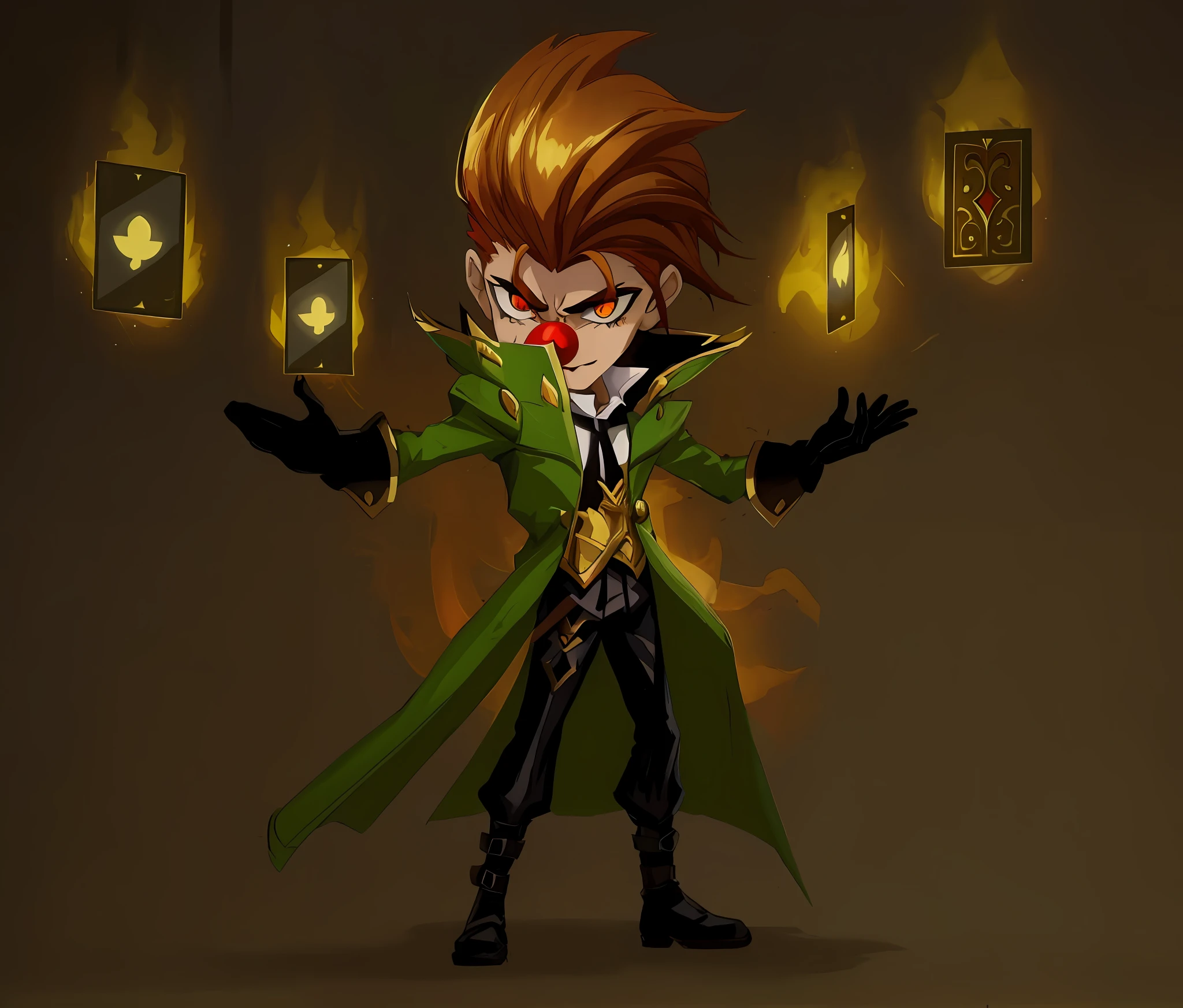 Close-up of a cartoon character with a green coat and red nose, Conception du personnage Demon Noble, Advanced Digital Chibi Art, Art des personnages de Maple Story, Evil male wizard, Chibi, Lancer un sort de feu, Dapper Dream Demon, Pose of the villain, inspired by Luigi Kasimir, Partie Brando, Style League of Legends, evil wizard, cast an evil spell