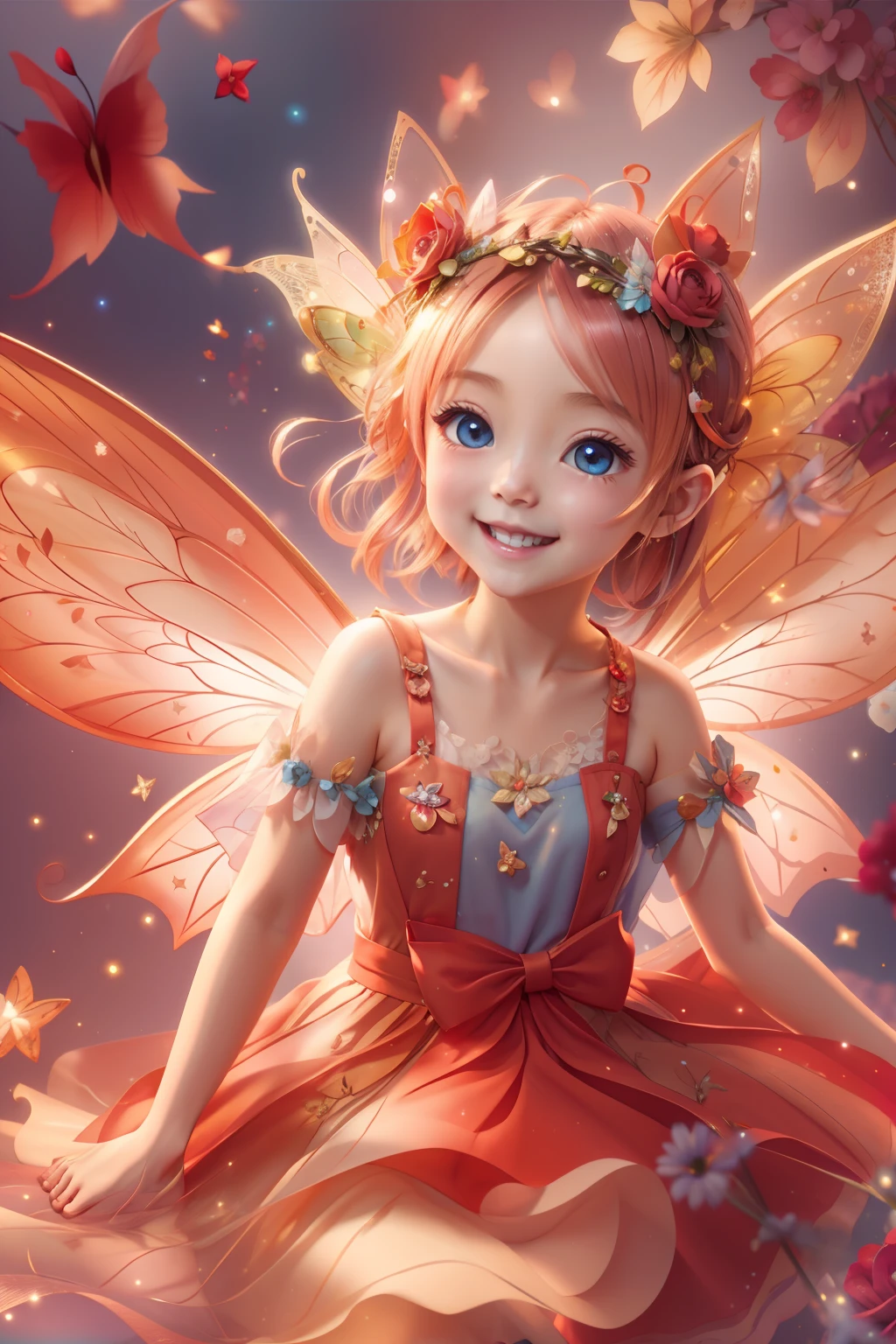 Cute fairy with a sense of transparency、Bright smile、Have fun playing、Beautiful background、Bright background、Red background