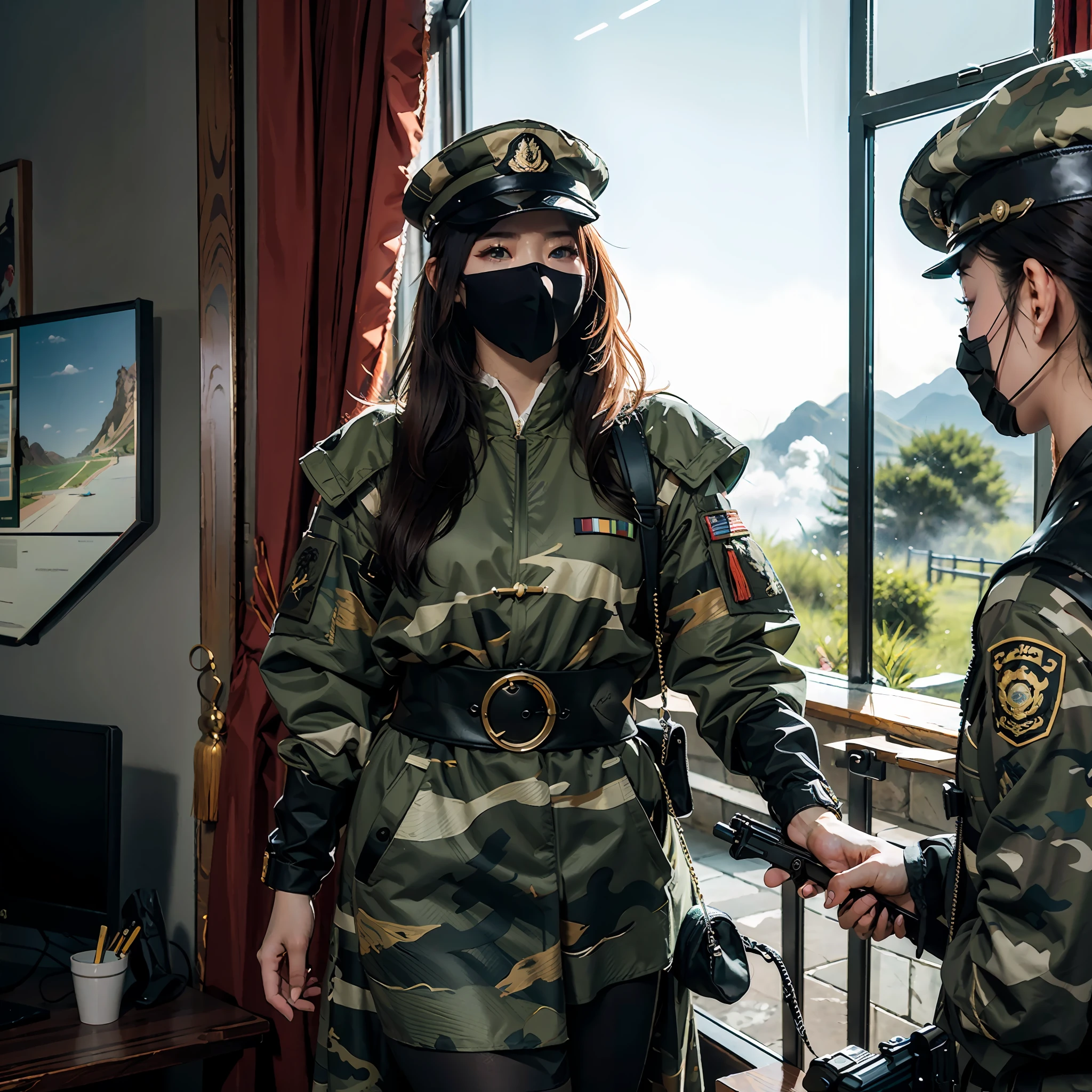 in a panoramic view，photorealestic，Modern style，Blue sky,，Great Wall military base，3girl，Wear camouflage Chinese modern military uniform，Wearing high-tech Chinese body armor，Wearing a black berets，All-inclusive black mask，Wear a Chinese sabre，Carry a pistol，Carry an automatic rifle，Stand in front of the Great Wall，Sharp eyes，professinal，Meistwick，commissioned，best qualtiy，color corrected，After fixation，Retouching，Improvement，Epic，Tone-mapping，the detail， highly  detailed， digitial painting， art  stations， Conceptual map of the long dam， Smoothness， Sharp focus， Beautiful illustration， photore， The light from the back window is backlighted， 动态照明， Mist， 复杂， cinematic grain， professinal， face to the viewer，（Beautiful m3d_woman， Perfect M3D_face,）， Volumetriclighting， subsurfacescattering， Good highlights， Good shadows， cinematic ligh