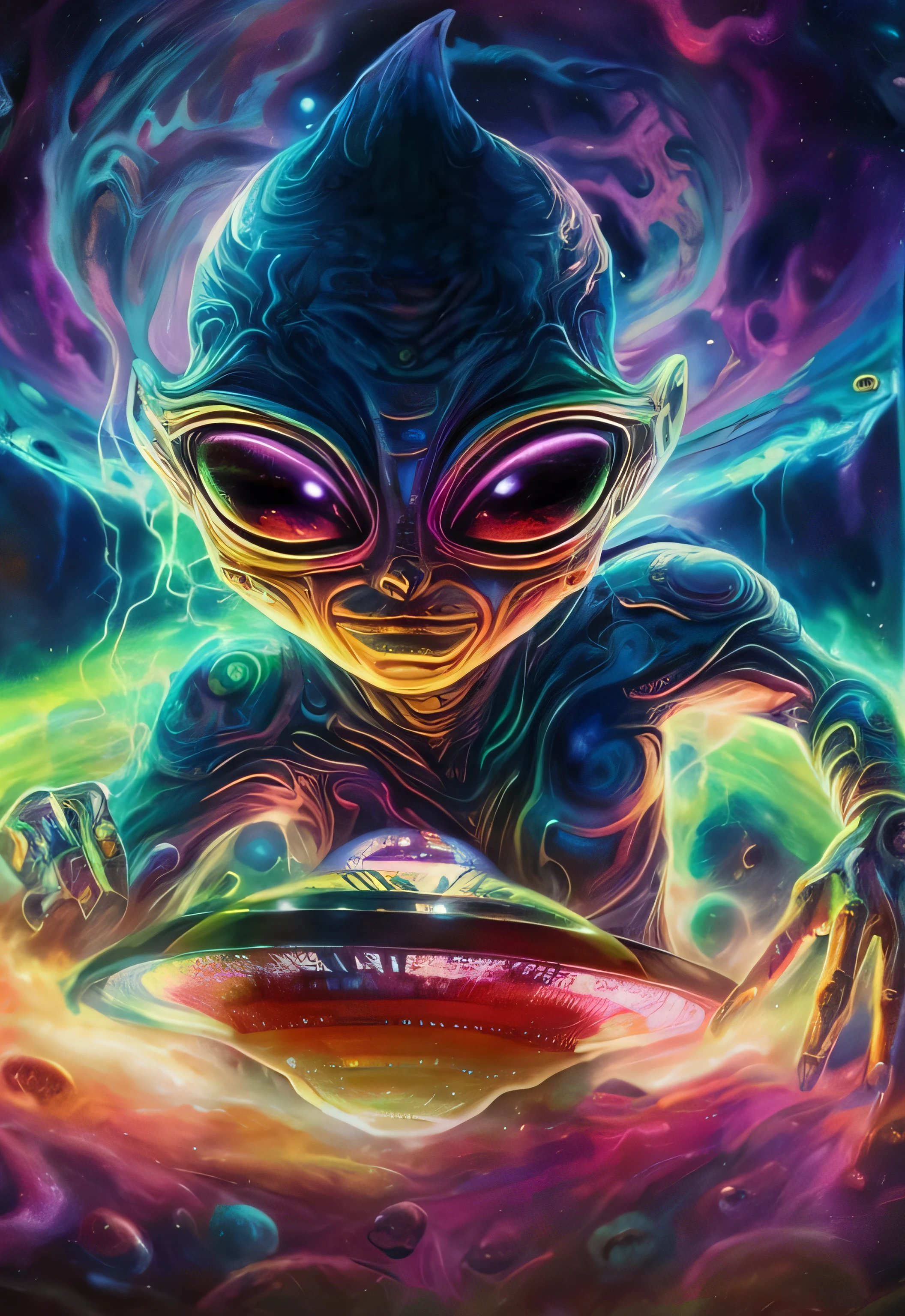 a painting of an alien holding a spaceship in front of a colorful background, Space alien, alien art, alien fabric, alien design, alien art, Radiant alien, aliens vivid, alien vibes, alien girl, Reptilian space alien, alien woman, extraterrestrial paradise, extraterrestre, alien colors, Alien life, galactic dmt entity