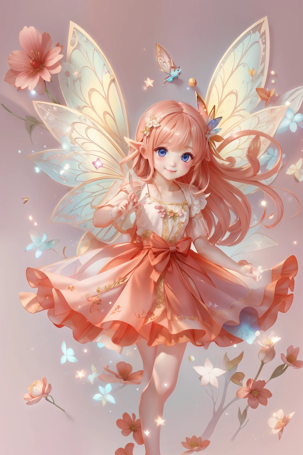 Cute fairy with a sense of transparency、Bright smile、Have fun playing、Beautiful background、Bright background、Red background