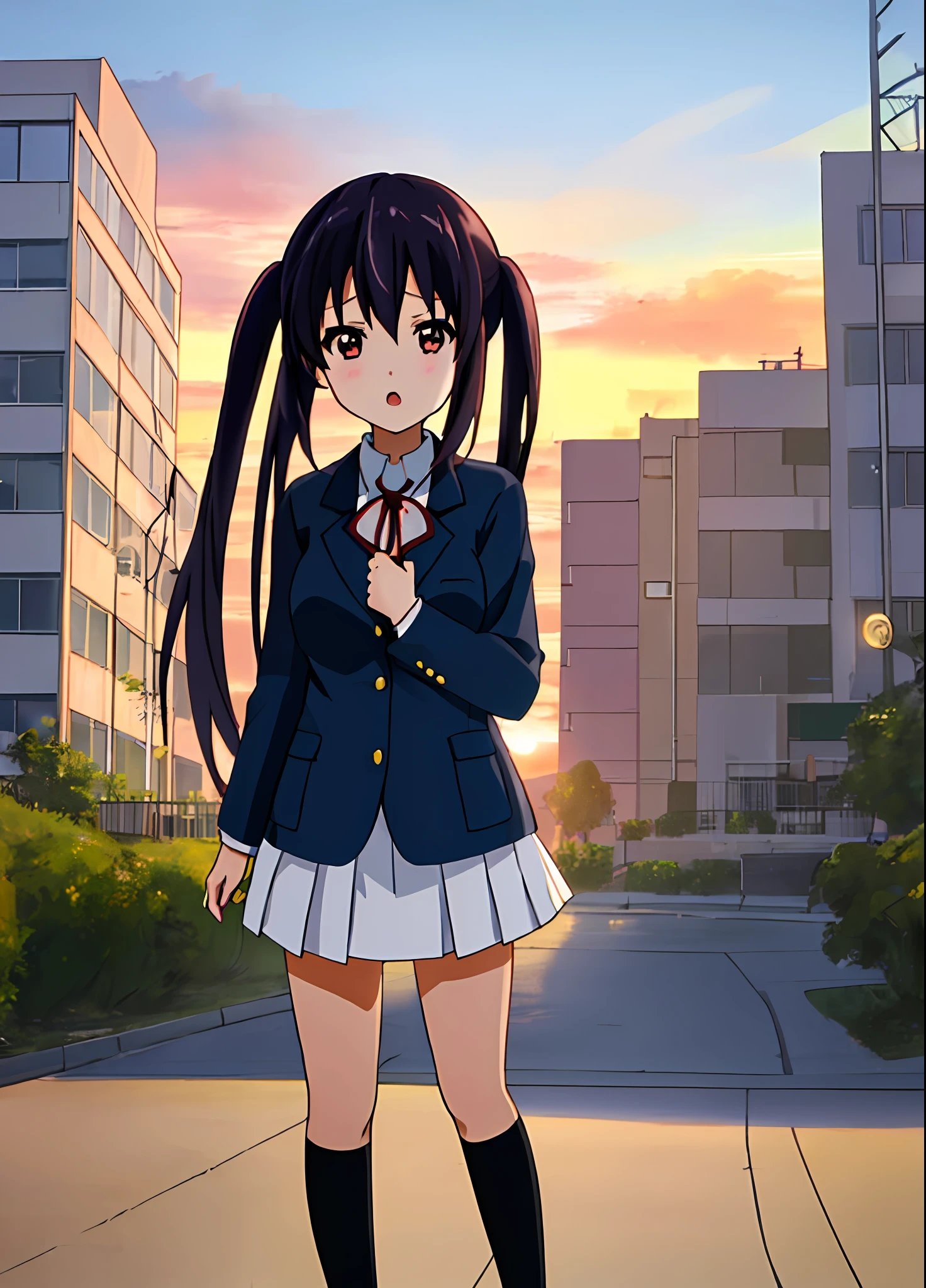 1girl, (((masterpiece))), top-quality, top-quality, High Details, nakano azusa, 1girl, Sakuragaoka High School Uniform, student clothes, Twin-tailed, length hair, A dark-haired, brown-eyed, 独奏, reddish, Dark blue blazer with thin red ribbon, Solid white buttoned shirt under blazer, illustratio, comic strip, soothing tones, Subdued Color, Soft cinematic light, adobe lightroom, photolab, HDR, intricately and hyper-detailed、(((depth of fields))))。(((masterpiece)))。(((top-quality))).)((ultra-detailliert)))。(((illustratio)))。(((takeout))).dynamic focus.big breasts.(((Skyscrapers))).(((A city scape))).(((Face of sadness))). open mouth.(((fighting stance))).(((up chest))).((evening glow)).((the setting sun)).