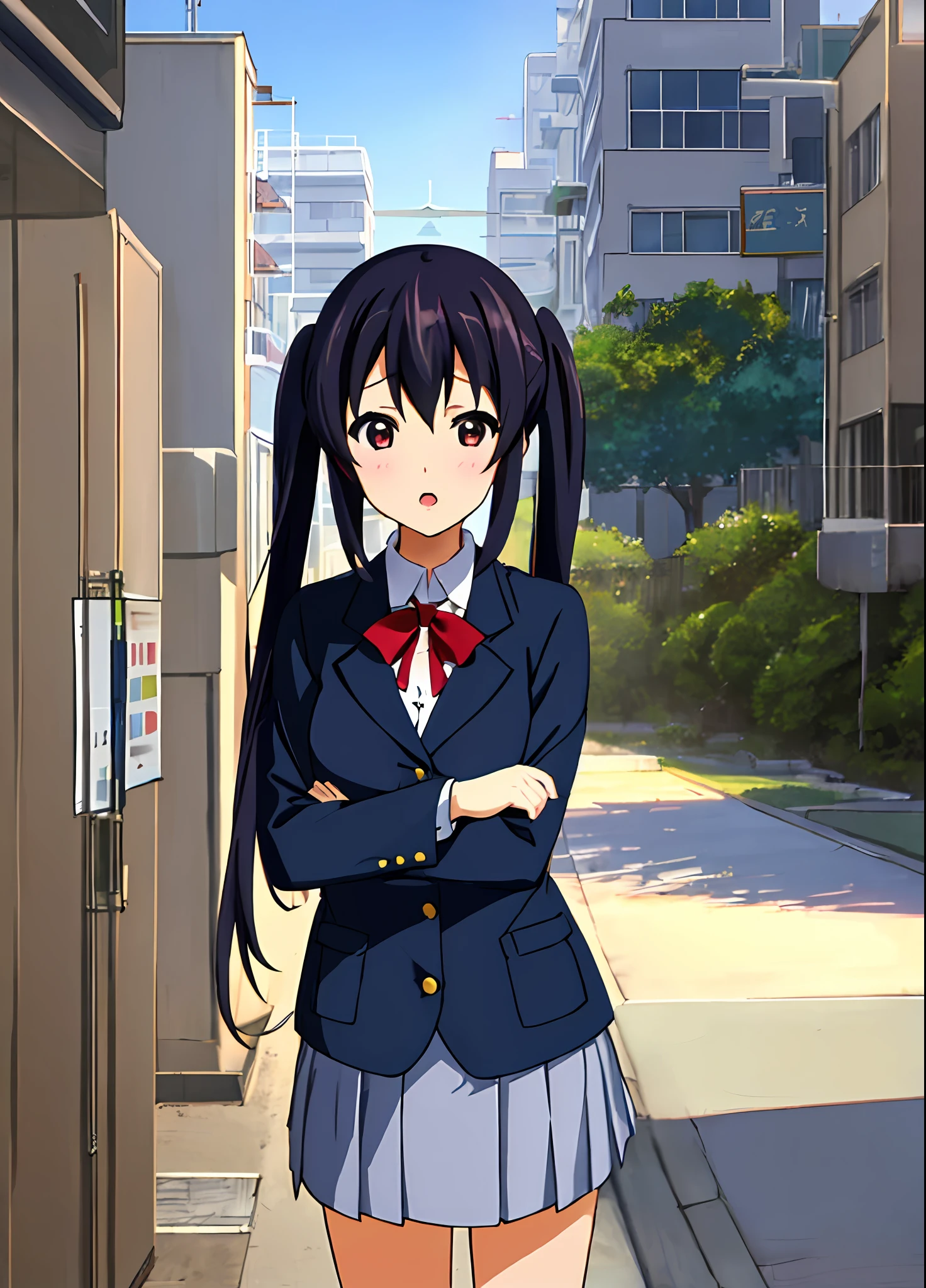 1girl, (((​masterpiece))), top-quality, top-quality, High Details, nakano azusa, 1girl, Sakuragaoka High School Uniform, student clothes, Twin-tailed, length hair, A dark-haired, brown-eyed, 独奏, reddish, Dark blue blazer with thin red ribbon, Solid white buttoned shirt under blazer, illustratio, comic strip, soothing tones, Subdued Color, Soft cinematic light, adobe lightroom, photolab, HDR, intricately and hyper-detailed、(((depth of fields))))。(((​masterpiece)))。(((top-quality))).)((ultra-detailliert)))。(((illustratio)))。(((takeout))).dynamic focus.big breasts.(((Skyscrapers))).(((A city scape))).(((Face of sadness))). open mouth.(((fighting stance))).(((up chest))).((evening glow)).((the setting sun)).