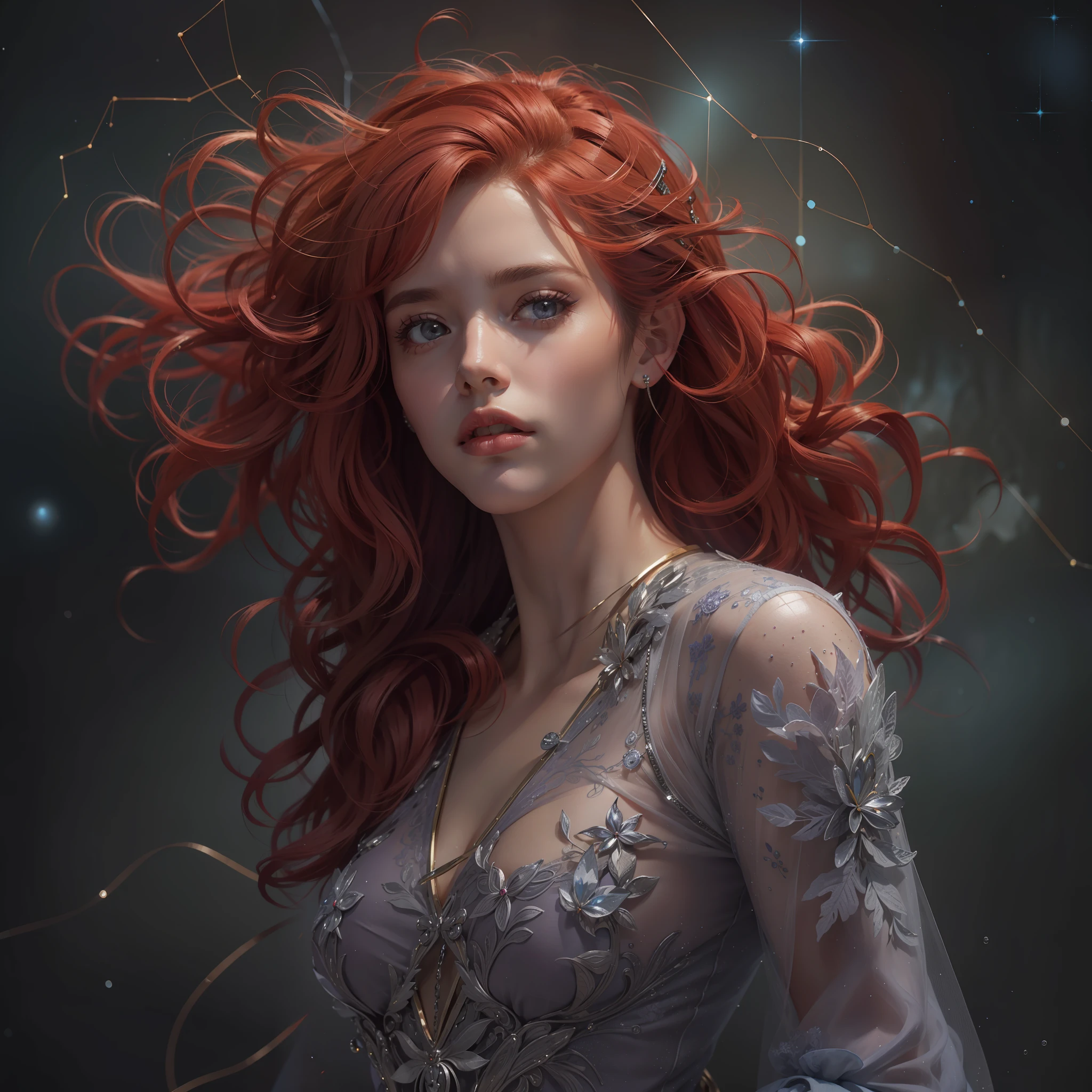 "(((obra-prima))), melhor qualidade, ultra-detallhado, High resolution CG image with a beautiful woman with red hair with bright violet eyes like detailed constellations, retratados em detalhes fascinantes. His delicate body is accurately represented at every angle. Ela possui longos cabelos ruivos que caem suavemente sobre seu vestido da era vitoriana. The upper part of his body is sculpted to perfection. "