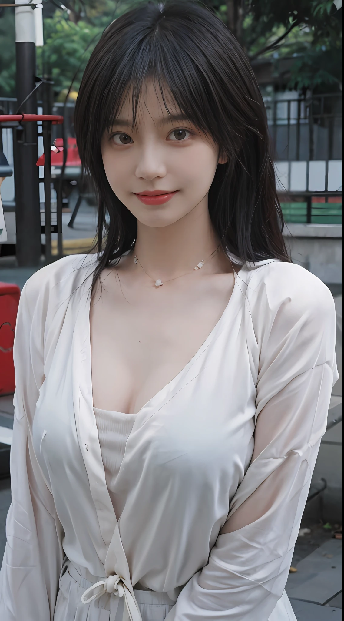best qualtiy, 超高分辨率, (realisticlying:1.4), Baoyu Girl, Black long straight,A pair of clear and moving peach blossom eyes,Royal Sister,校服,sunshine on face,Scroll,(School playground:1.4),(choker necklace:1.2),(Fair skin:1.9),(full bodyesbian:1.2)a sense of atmosphere,a beauty girl, ssmile,head straight-looking at viewer, closeup cleavage ,(Photorealistic:1.4),1girll,Sexy,(Upper body:1.4),(Wet body),(:1.2)