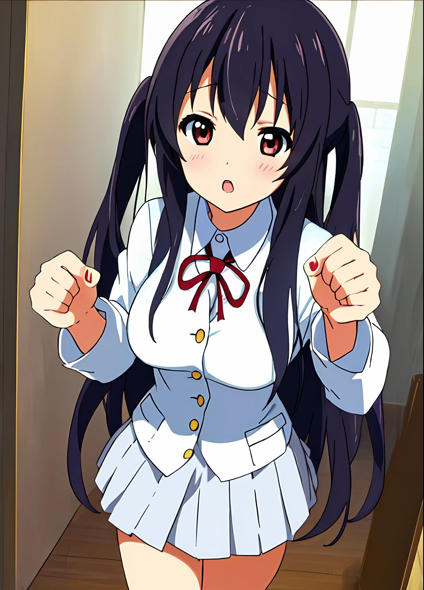 1girl, (((​masterpiece))), top-quality, top-quality, High Details, nakano azusa, 1girl, Sakuragaoka High School Uniform, student clothes, Twin-tailed, length hair, A dark-haired, brown-eyed, 独奏, reddish, Dark blue blazer with thin red ribbon, Solid white buttoned shirt under blazer, illustratio, comic strip, soothing tones, Subdued Color, Soft cinematic light, adobe lightroom, photolab, HDR, intricately and hyper-detailed、(((depth of fields))))。(((​masterpiece)))。(((top-quality))).)((ultra-detailliert)))。(((illustratio)))。(((takeout))).dynamic focus.big breasts.(((Skyscrapers))).(((A city scape))).(((Face of sadness))). open mouth.(((fighting stance))).(((up chest))).((evening glow)).((the setting sun)).