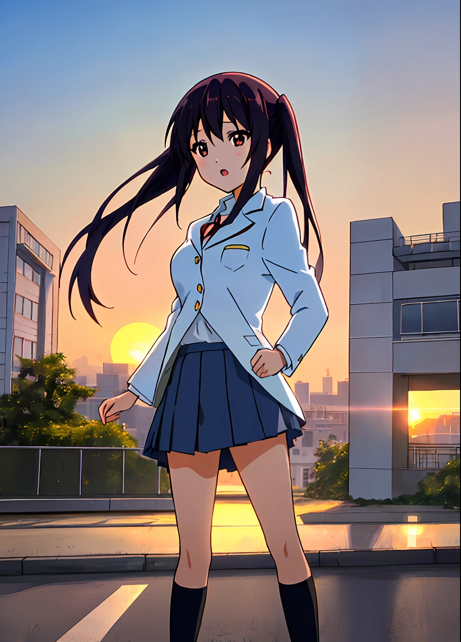 1girl, (((​masterpiece))), top-quality, top-quality, High Details, nakano azusa, 1girl, Sakuragaoka High School Uniform, student clothes, Twin-tailed, length hair, A dark-haired, brown-eyed, 独奏, reddish, Dark blue blazer with thin red ribbon, Solid white buttoned shirt under blazer, illustratio, comic strip, soothing tones, Subdued Color, Soft cinematic light, adobe lightroom, photolab, HDR, intricately and hyper-detailed、(((depth of fields))))。(((​masterpiece)))。(((top-quality))).)((ultra-detailliert)))。(((illustratio)))。(((takeout))).dynamic focus.big breasts.(((Skyscrapers))).(((A city scape))).(((Face of sadness))). open mouth.(((fighting stance))).(((up chest))).((evening glow)).((the setting sun)).