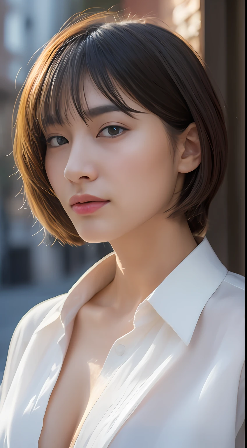 ((top-quality、8k、masterpiece:1.3))、foco nítido:1.2、Beautiful woman with perfect body:1.4、slim abdomen:1.2、((Layered Haircut、huge tit:1.2))、(Upper body naked)、(no-bra) (Small and beautiful hard nipple) (Thin, damp buttons up to shirt length:1.1)、(Sateen、a street:1.2)、Wet body:1.1、Highly detailed facial and skin texture、 A detailed eye、二重まぶた、skin tanned、A sexy、sun burn