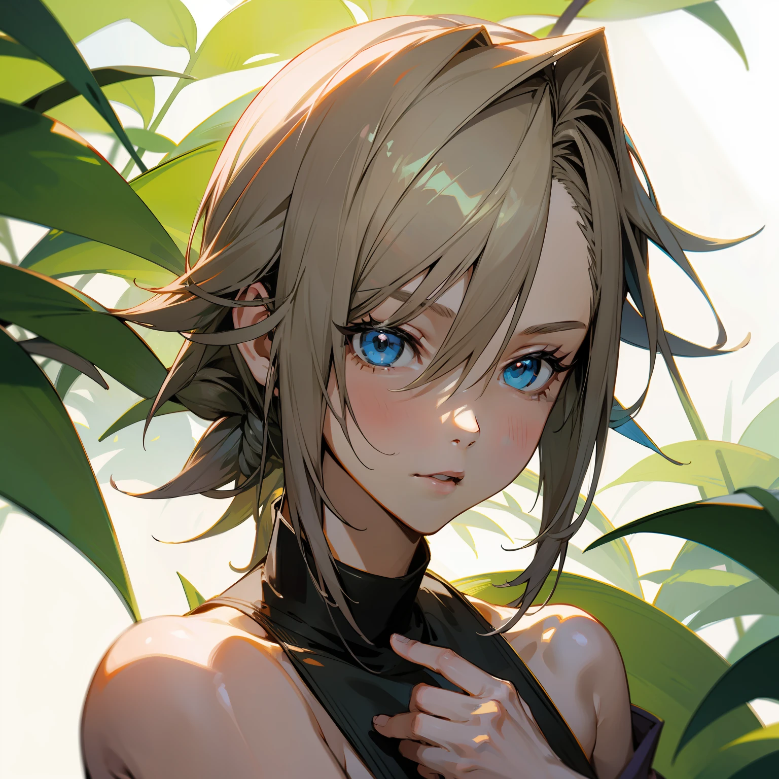 paine final fantasy X, em uma floresta, cabelo curto, cabelo marrom claro, olhos vermelhos