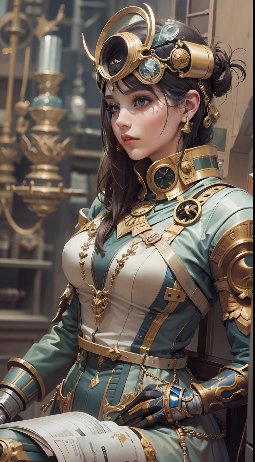 Beautiful woman in insanely intricate Artificer Inventor Outfit