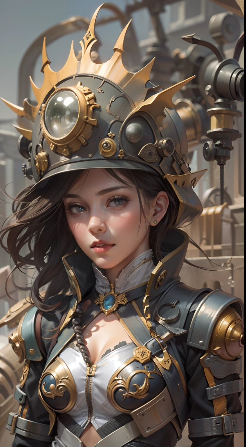 Beautiful woman in insanely intricate Artificer Inventor Outfit