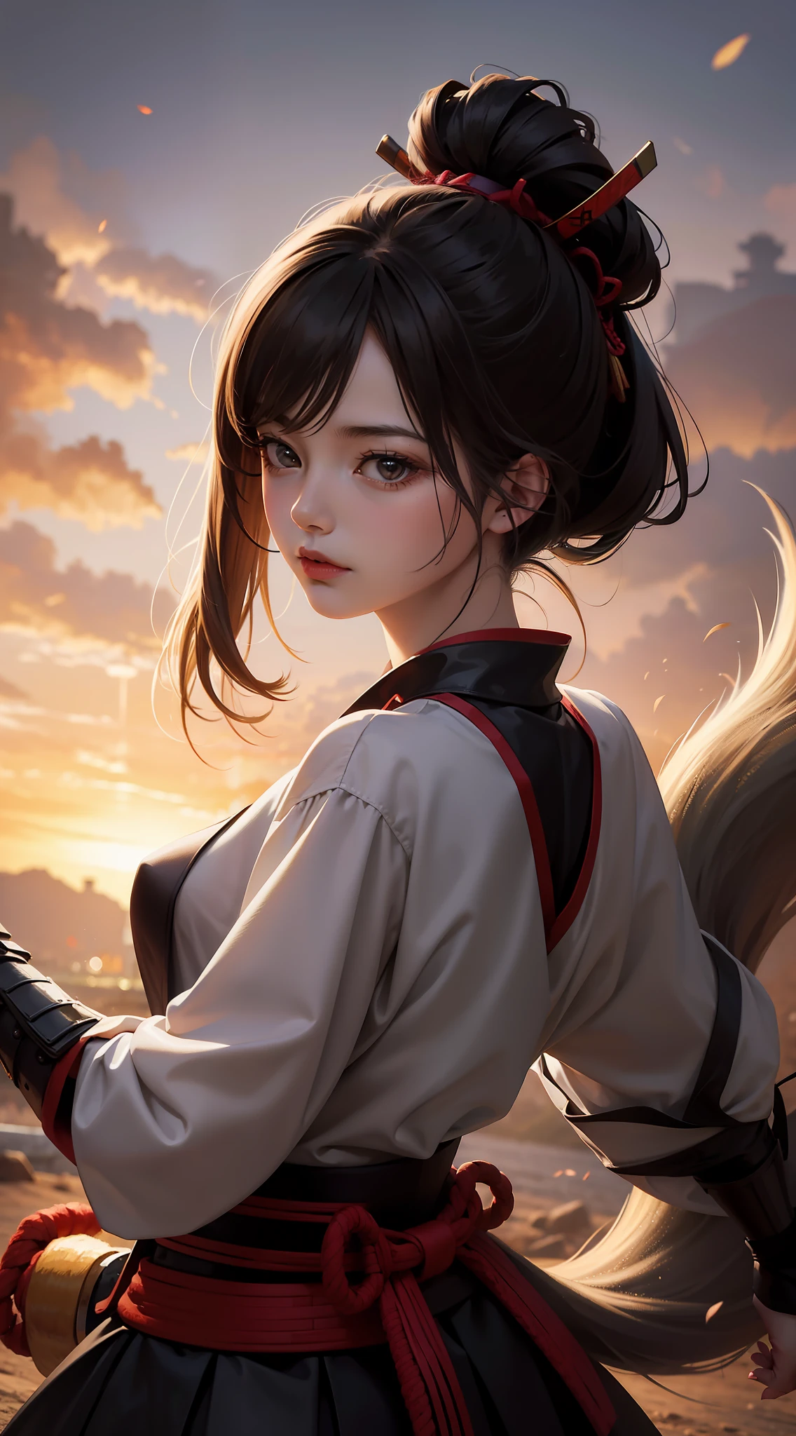 (best quality, masterpiece), 1girl, samurai, particle, wind, looking at viewer, fox ear, monsters in background, backlighting, upper body, pose