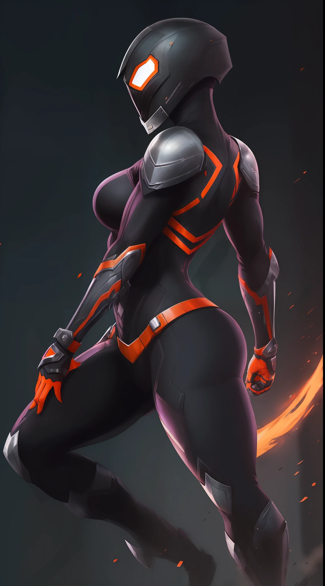 ((((Estilo Webtoon)))), ((((Character description)))) Chica con armadura de acero negro futurista, Pelo corto de color naranja, Ruso, cuerpo completo, pose casual], [Ultra mega hyper stray muscles]