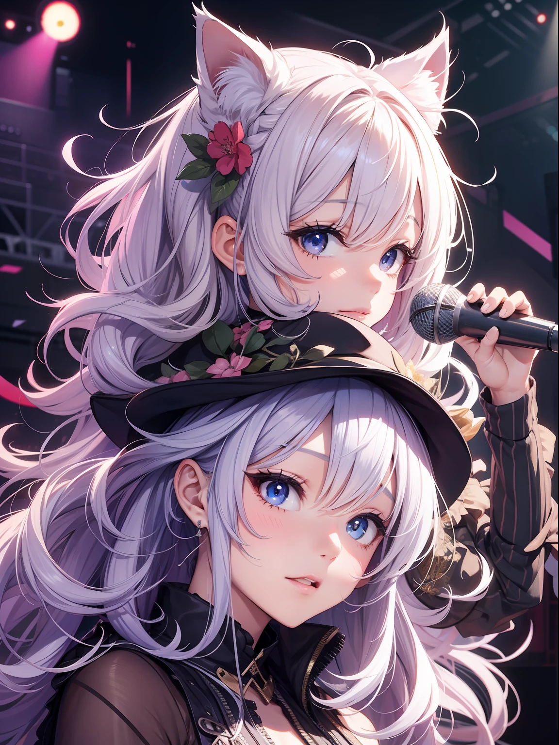 absurderes、ultra-detailliert、masterpiece、top-quality、BREAK、Official art、(Beautifully Aesthetic:1.2)、(watercolor paiting:Curly)、BREAK、Devilish Pretty Girl 1.2、a beauty girl、(kawaii:⒈3)、sixteen years old、BREAK、colourful hair、Splash、(Mixed blue and pink hair:1.2)、(フラクタルアート1.3)、BREAK、Cat's ears、A sexy、(Cat gloves、Fluffy hands)、BREAK、Like a cat's paw、Short socks、human - shaped、BREAK、AI Concert、BREAK、random eyes、BREAK、From Side、Look at viewers、BREAK、((Above the live stage))、Coming Idol Costume、Singing while holding the microphone with your left hand、Neon Detail Spotlight、BREAK、BREAK、Shyness、tension、red blush、happy facial expression、BREAK、Versatile poses、BREAK、Standing、BREAK、