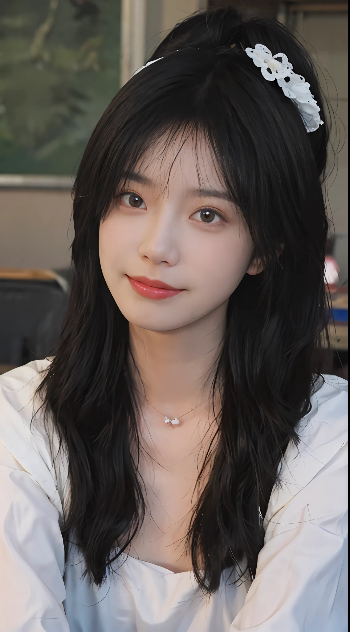 best qualtiy, 超高分辨率, (realisticlying:1.4), Baoyu Girl, Black long straight,A pair of clear and moving peach blossom eyes,Royal Sister,校服,sunshine on face,Scroll,(School Classroom:1.4),(choker necklace:1.2),(Fair skin:1.9),a sense of atmosphere,a beauty girl, ssmile,head straight-looking at viewer, closeup cleavage ,(Photorealistic:1.4),1girll,Sexy,(Upper body:1.4),(Wet body),(:1.2)