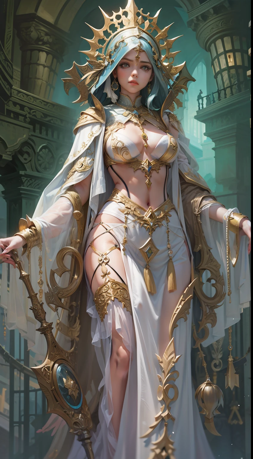 Beautiful woman in insanely intricate Astral Cleric Outfit