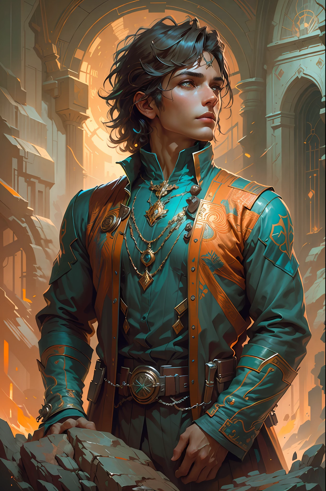 Portrait of a young handsome boy standing on a marvelous stone, standing gitl:1.2, (Low contrast ), colorfantasystyle, Oil painting on matte canvas, sharp detailed, the expanse scifi spacescape ceres colony, Intricate, Highly detailed, Digital painting, plethora of colors, smooth, Sharp focus, illustration, Unreal Engine 5, 8K, art by artgerm and greg rutkowski and alphonse mucha , art by midjourney