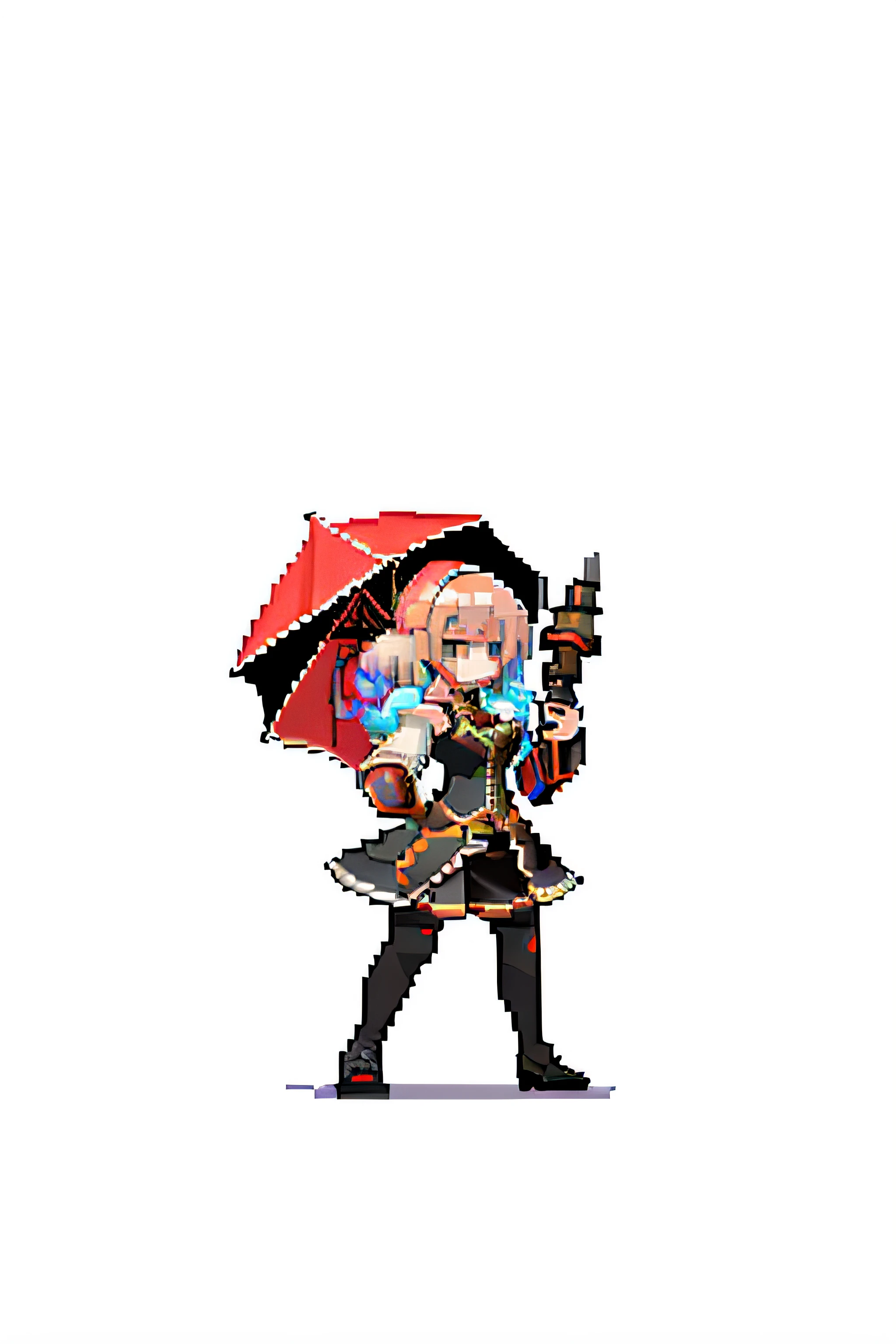 (obra-prima, qualidade superior, melhor qualidade), pixel, pixel art, 1girl, corpo inteiro,(umbrella), (solo), (girl holding umbrella), (personagem de rpg), (jogo de rpg), (JRPG), (white_background), (pastel shades), (pastel color), (vector), (ultra det