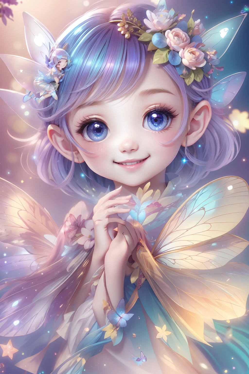 Cute fairy with a sense of transparency、Bright smile、Have fun playing、Beautiful background、Bright background、Iridescent background