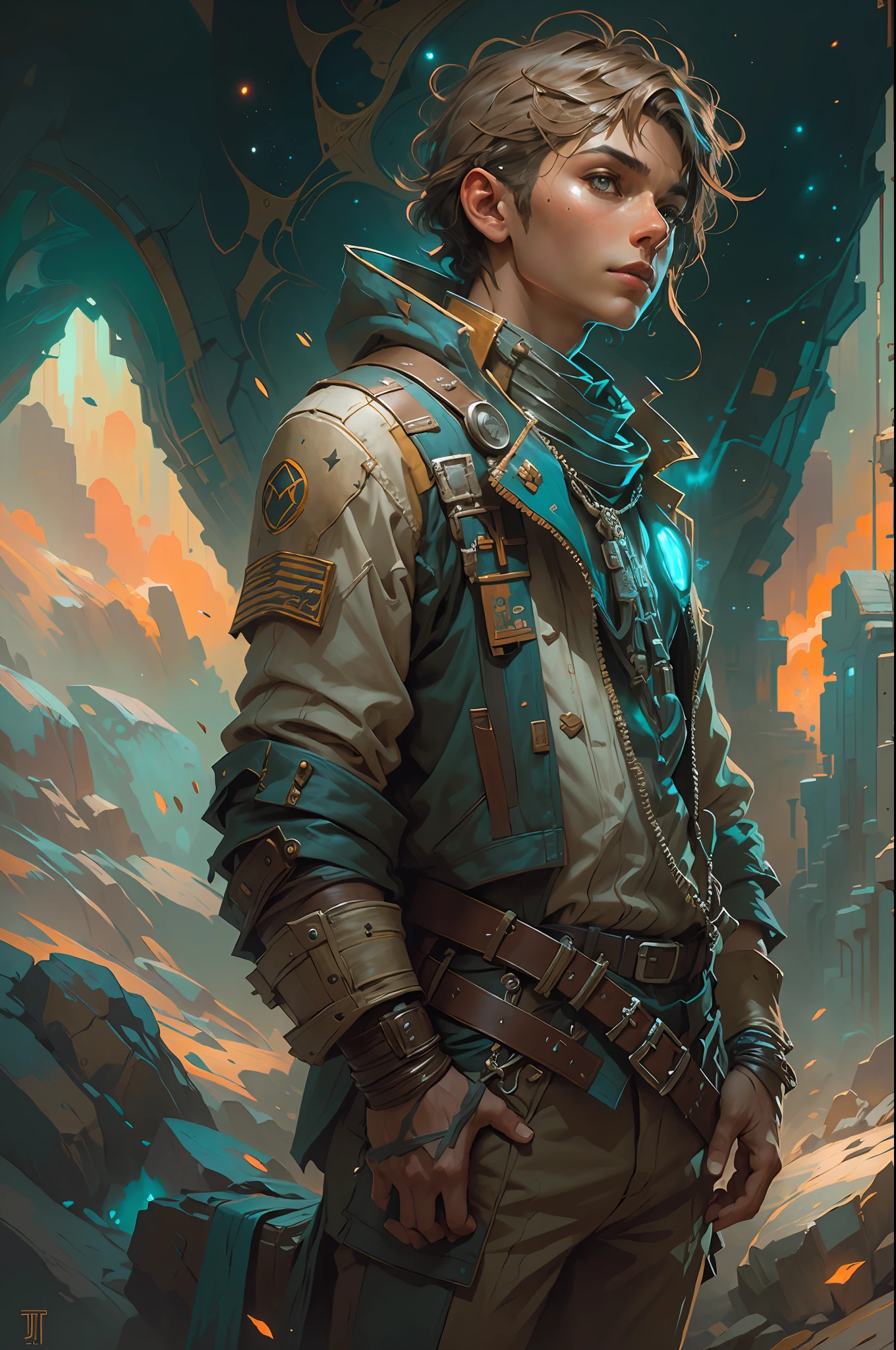 Portrait of a young handsome boy standing on a marvelous stone, standing gitl:1.2, (Low contrast ), colorfantasystyle， Oil painting on matte canvas, sharp detailed, the expanse scifi spacescape ceres colony, Intricate, Highly detailed, Digital painting, plethora of colors, smooth, Sharp focus, illustration, Unreal Engine 5, 8K, art by artgerm and greg rutkowski and alphonse mucha , art by midjourney