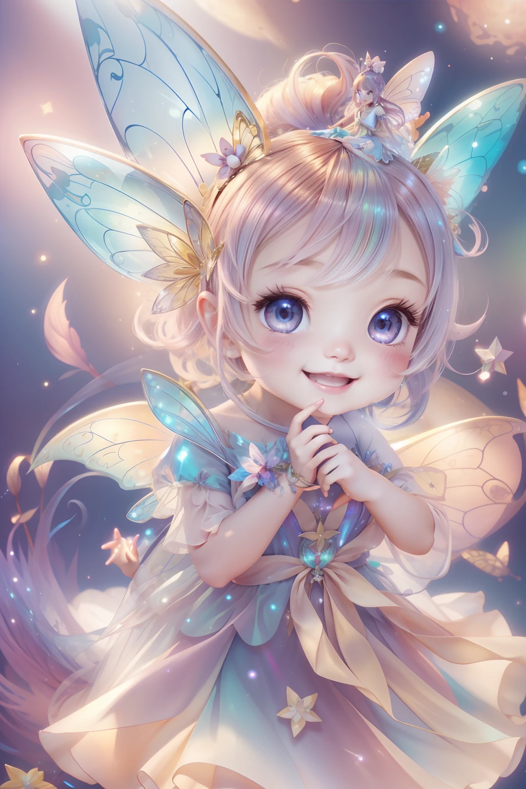 Cute fairy with a sense of transparency、Bright smile、Have fun playing、Beautiful background、Bright background、Iridescent background
