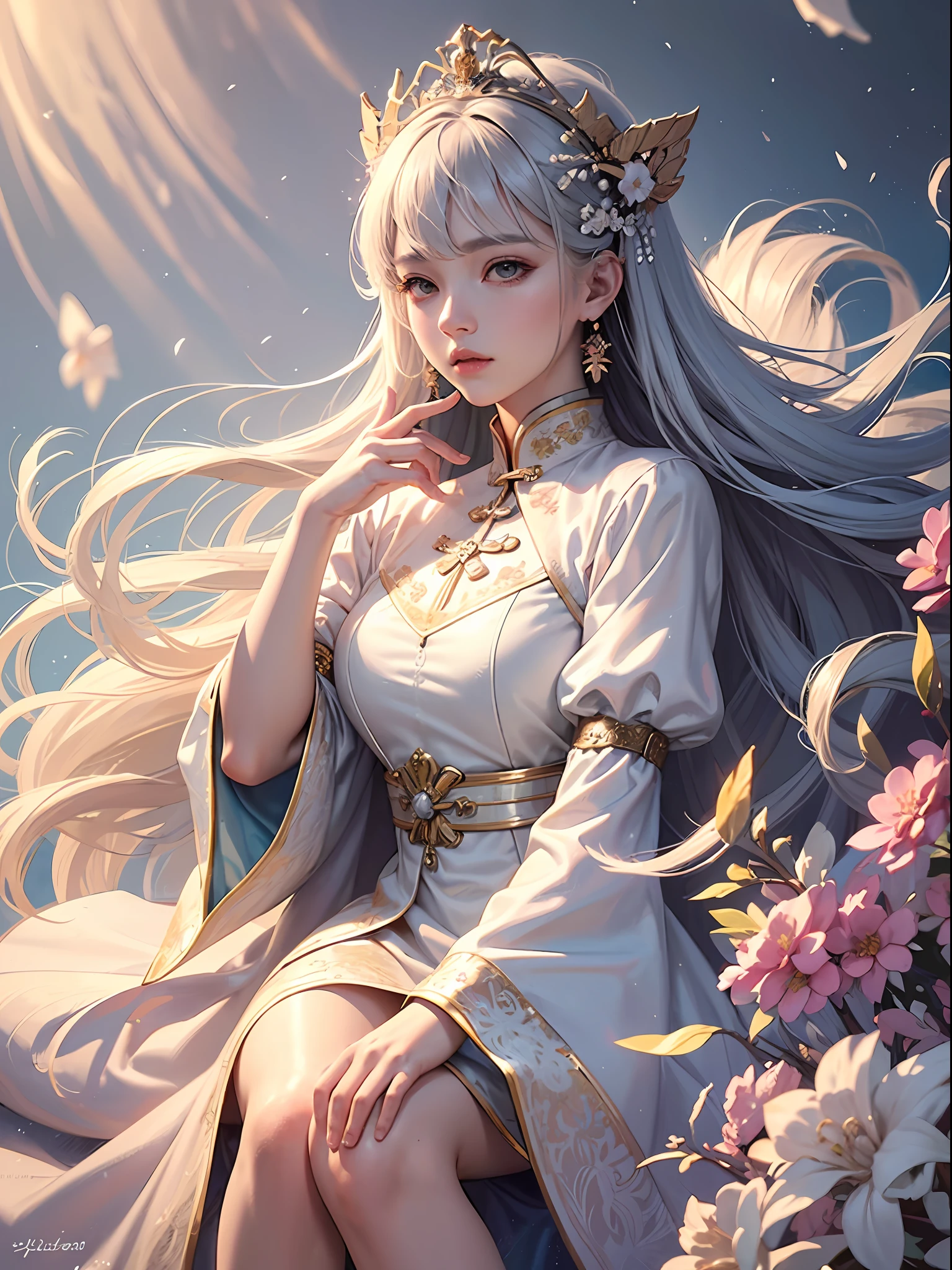high high quality,tmasterpiece,Delicate facial features,Delicate hair,Delicate eyes,Ancient Style Girl,softlighting,High Picture Quality,volumettic light,peach blossom,Peach blossom background,ancient wind,Long black hair,Silver hairpin,Luxurious tiara,Red costume,Gentle sweet girl,In heavy snow,snow covered,Antique atmosphere,ellegance,floated hair,pastel colour,highly detailed soft lighting,8k high quality detailed art Chinese costume, with acient chinese clothes, Traditional beauty, Chinese style(faeries)(Delicate facial portrayal)(Fine hair portrayal)(highest quality)(Master masterpieces)(High degree of completion)(a sense of atmosphere)8k wallpaper,tmasterpiece,Best quality at best,ultra - detailed