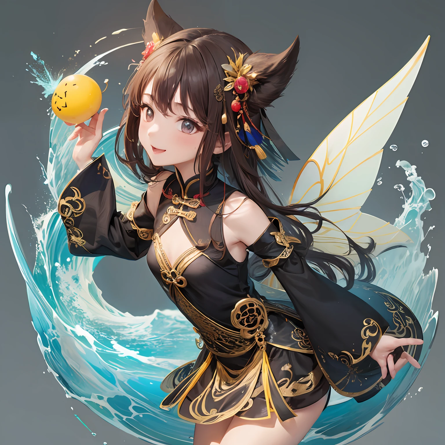 tmasterpiece,Need,Chinese fairy,1girl\(loli\),baozi,dark grey background,Carrying water,wave