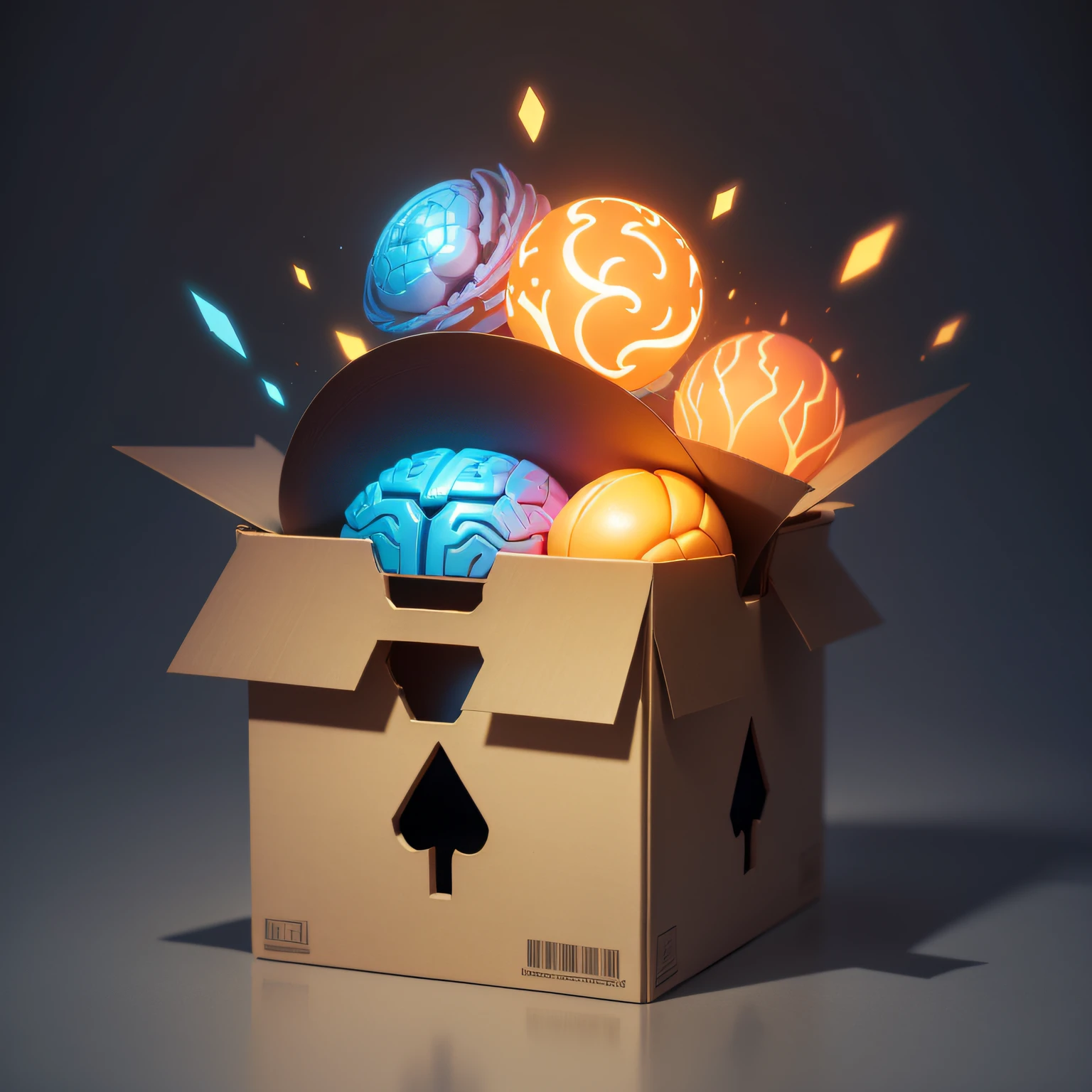 create a stylized box with open flaps and a brain with thought figures around it