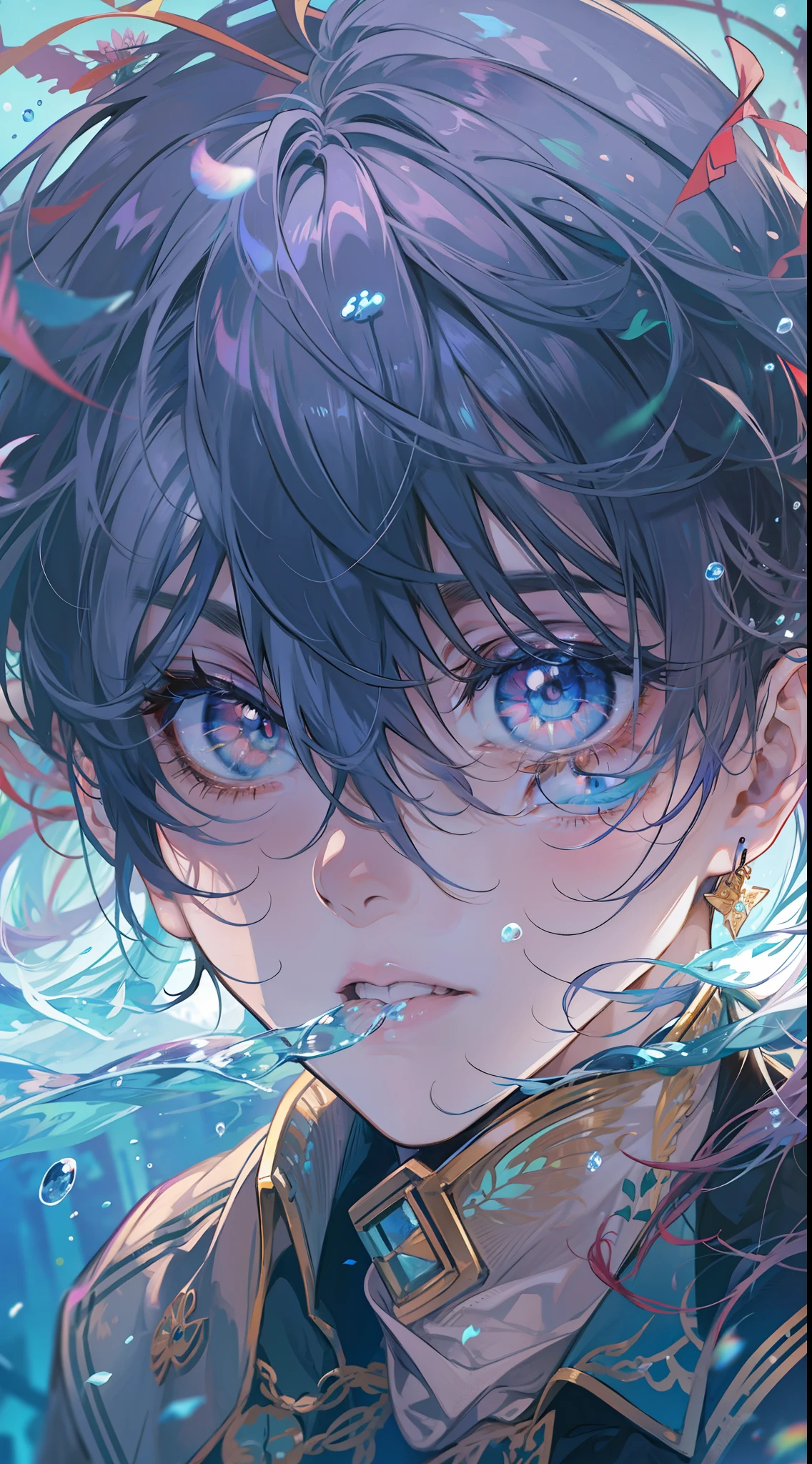 anime boy 2d, long lashes, bright color, sad, underwater