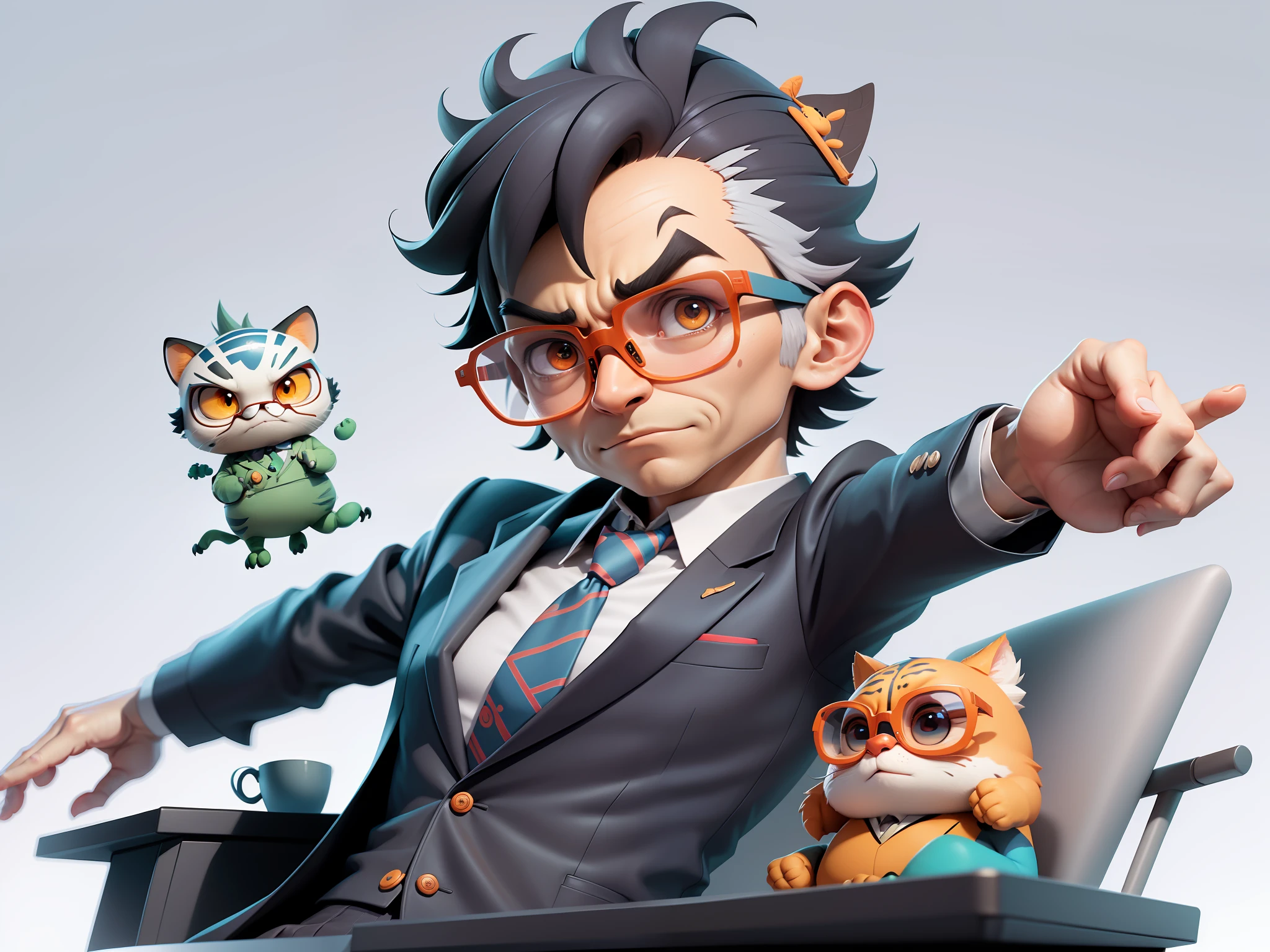 A young man in a suit, Short hair and glasses sat at his desk,holding laptop,digitial painting,tigre,3D character design by Mark Clairen and Pixar and Hayao Miyazaki and Akira Toriyama,4K HD illustration,Very detailed facial features and cartoon-style visuals。