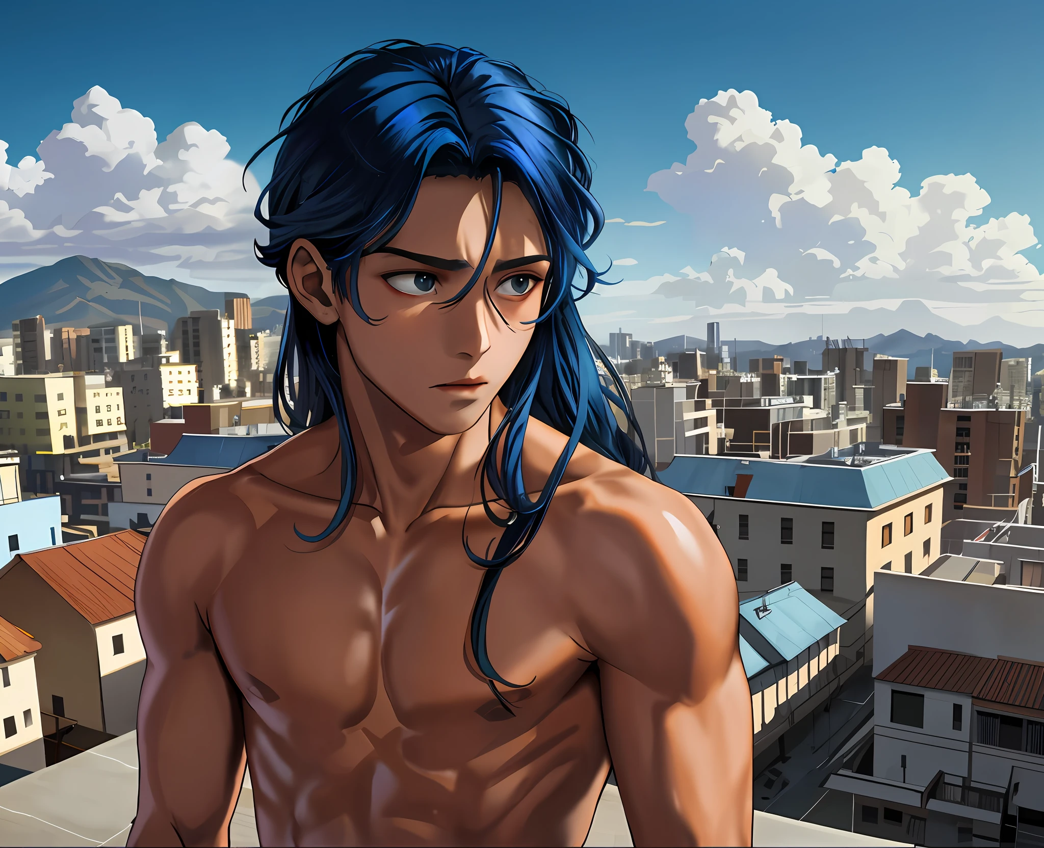 A -yeld boith blue hair stands on the fifth floor on the roof of the high school looking at a city in the distance........From above he looks at a city with his back to the viewer 15-year-o mas no rt has a naked torso his hair is straight long Latin skin copper mestizo face, tiene traje tribal africano esta en el tejado de la secundaria mirando una cercana ciudad mira con miedo pensativo, (tercer plano cuerpo completo