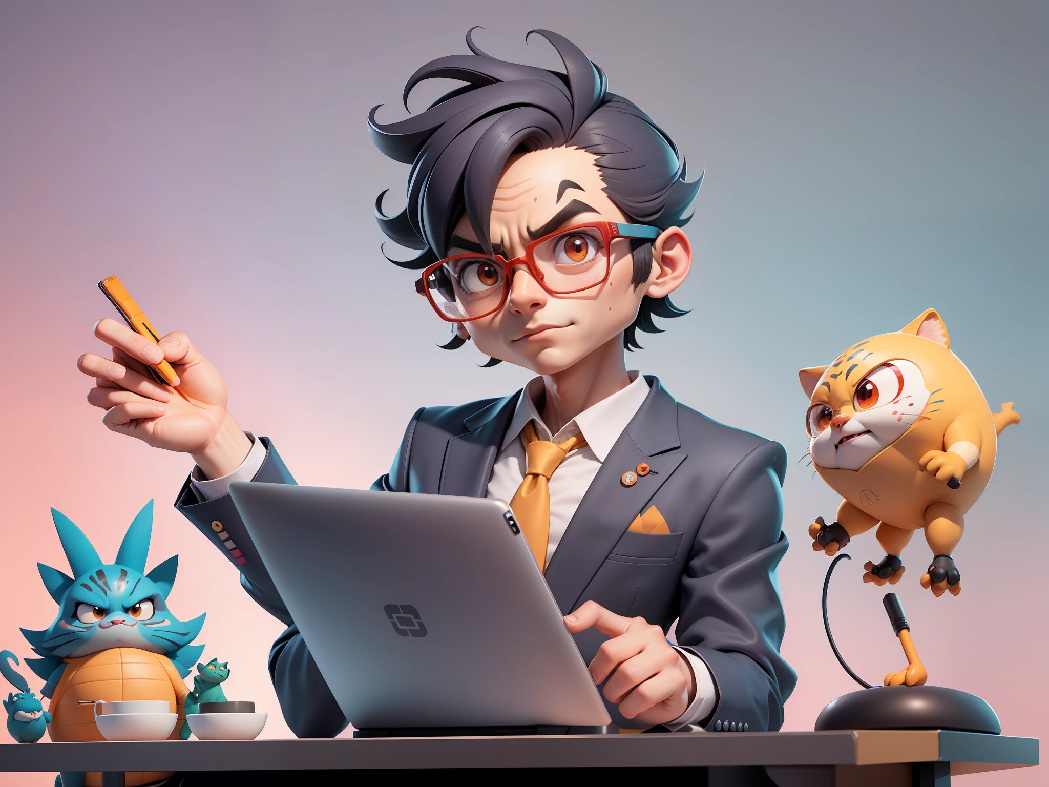 A young man in a suit, Short hair and glasses sat at his desk,holding laptop,digitial painting,tigre,3D character design by Mark Clairen and Pixar and Hayao Miyazaki and Akira Toriyama,4K HD illustration,Very detailed facial features and cartoon-style visuals。